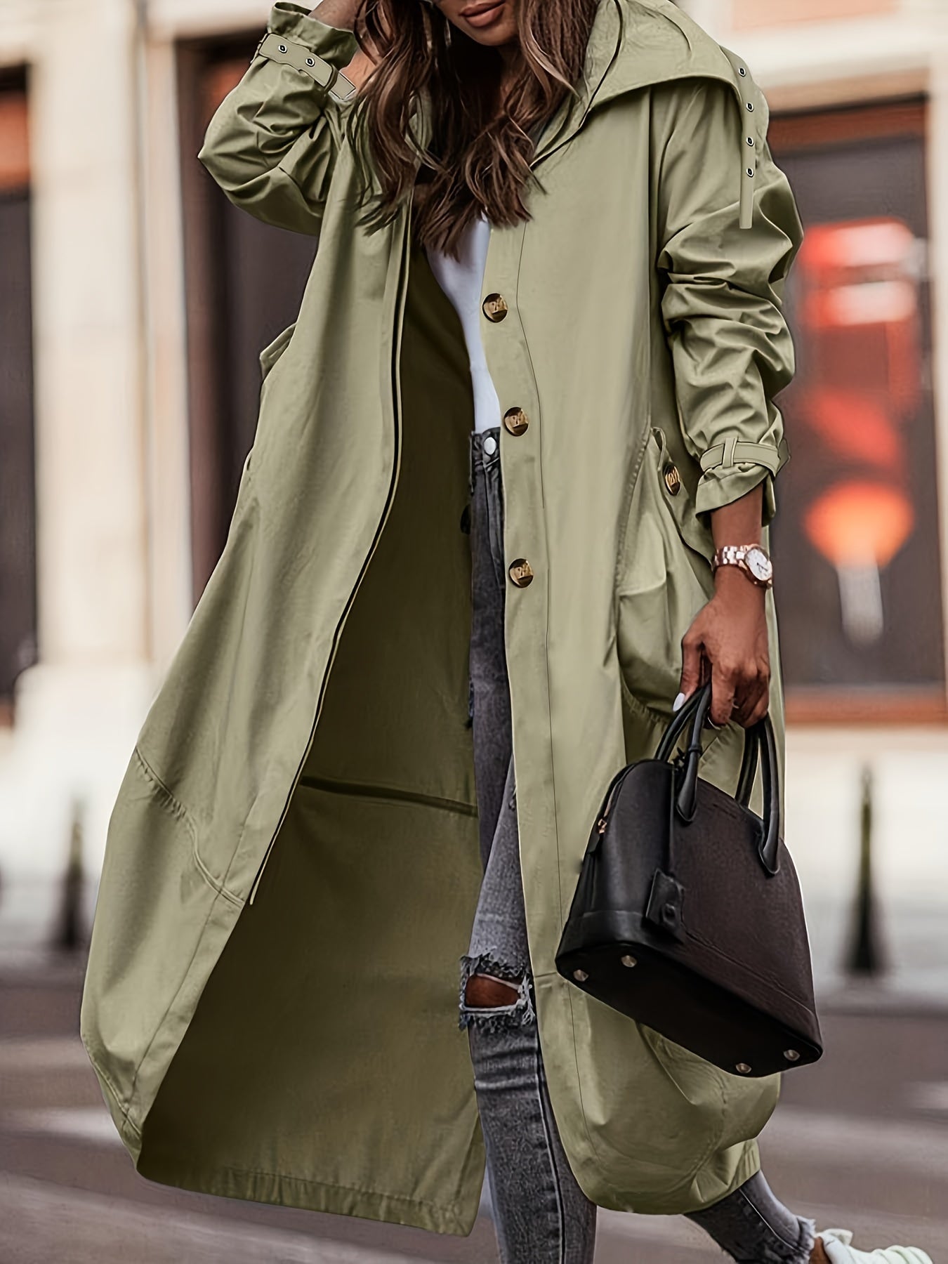 gbolsos Plus Size Casual Coat, Women's Plus Solid Button Up Long Sleeve Hooded Overcoat With Big Pockets