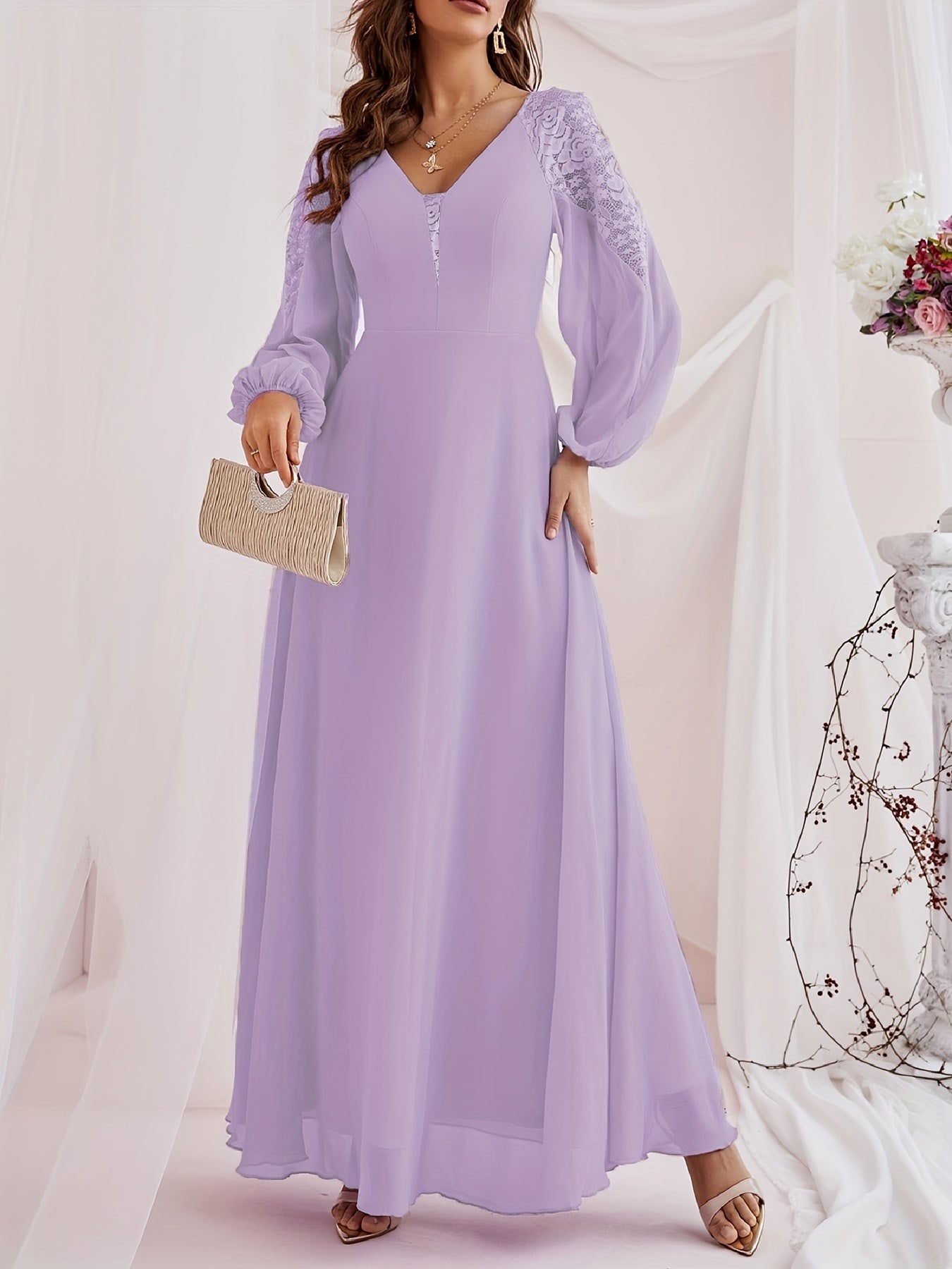gbolsos Solid Contrast Lace Dress, Elegant V Neck Long Sleeve Maxi Dress, Women's Clothing