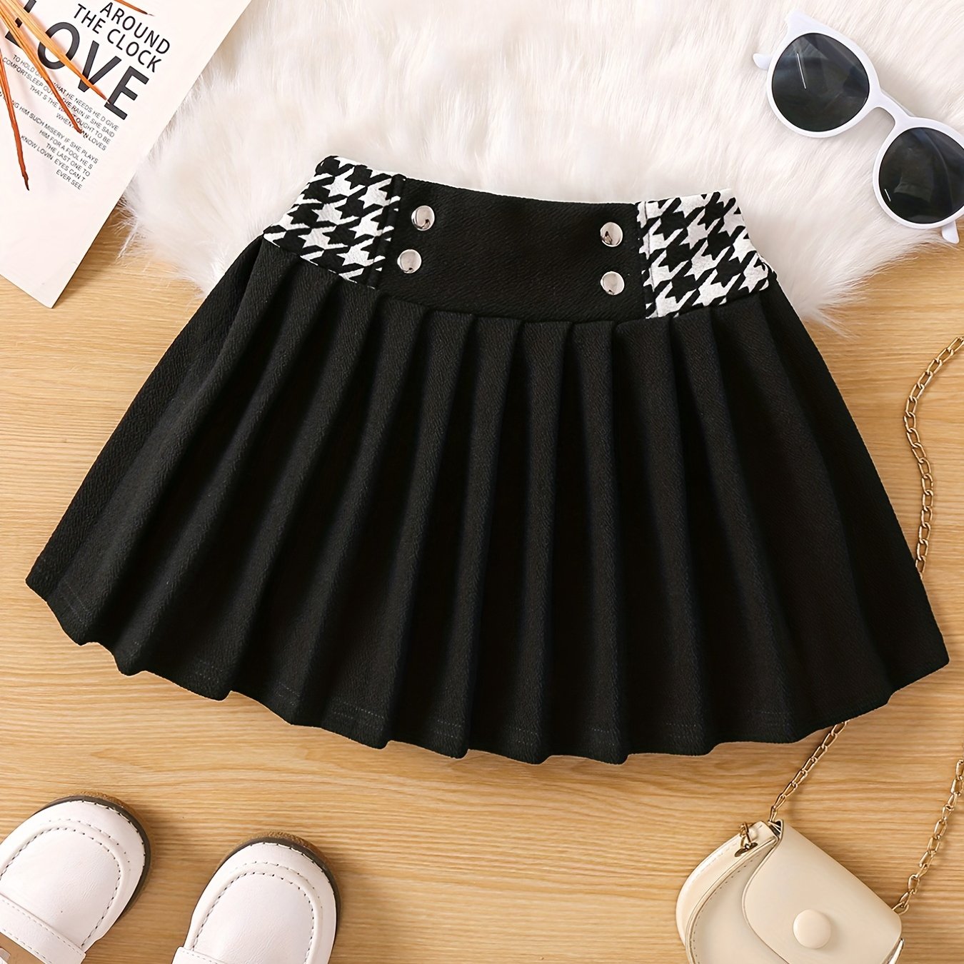 Toddler Girls Houndstooth Panel Pleated Skirt Kids Summer Clothes
