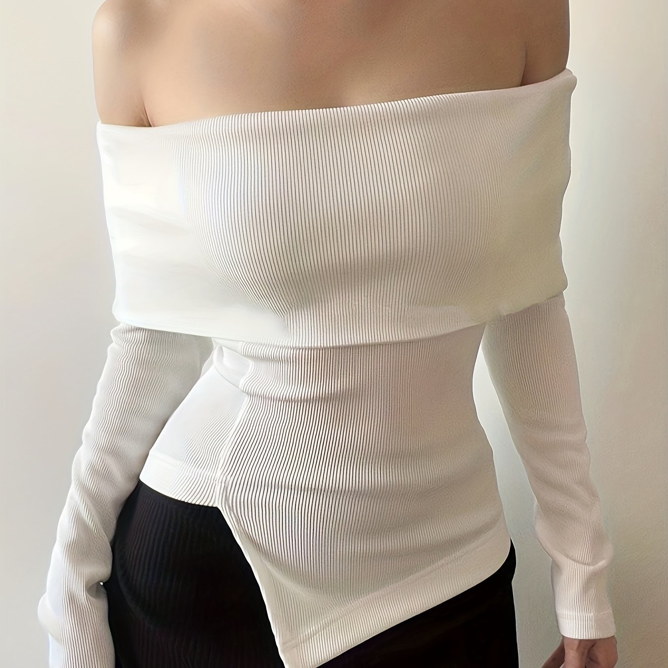 gbolsos Solid Ribbed Off Shoulder T-Shirt, Casual Long Sleeve Top For Spring & Fall, Women's Clothing
