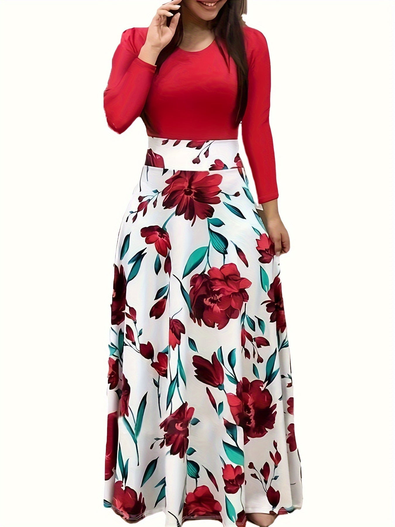 Floral Print Long Sleeve Dress, Elegant Crew Neck Pleated Maxi Dress, Women's Clothing