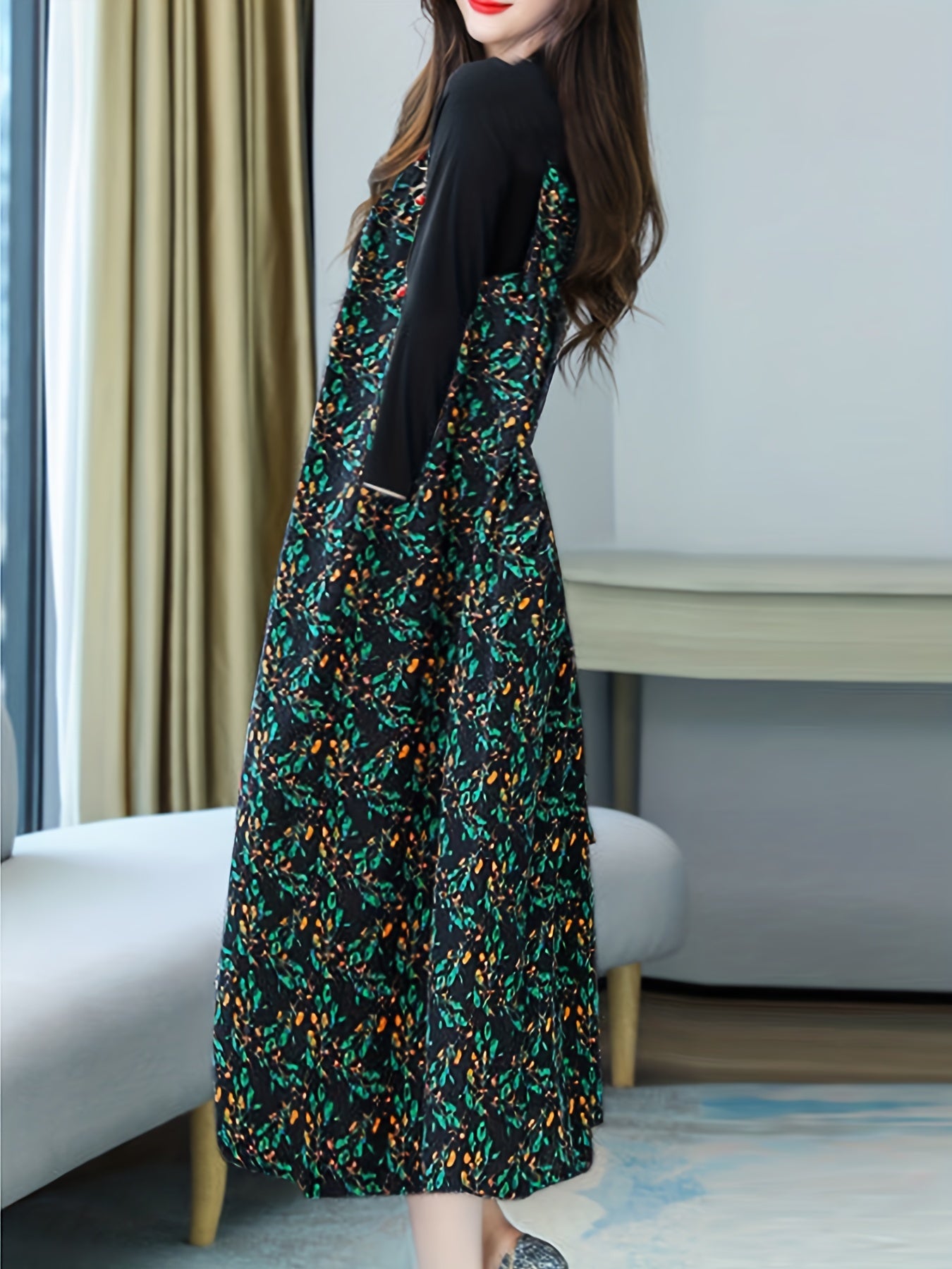 gbolsos Floral Print Crew Neck Dress, Casual Long Sleeve Dress For Spring & Fall, Women's Clothing