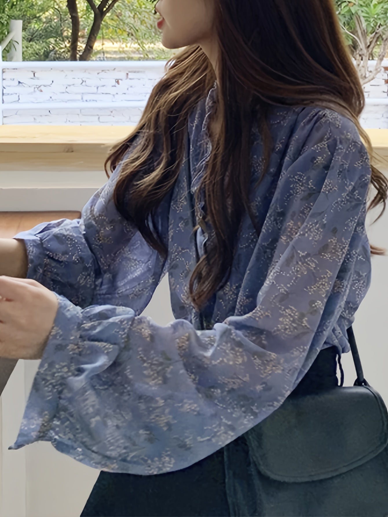 gbolsos Allover Print Ruffle Trim Blouse, Elegant Long Sleeve Blouse For Spring & Fall, Women's Clothing