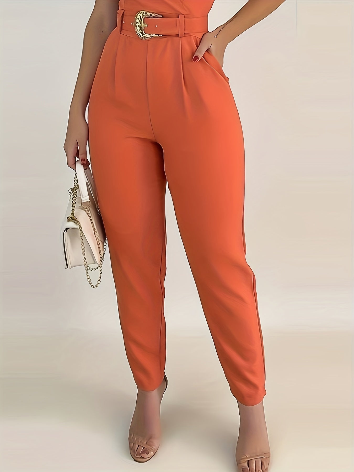 gbolsos Solid V-neck Belted Cami Jumpsuit, Elegant Sleeveless Jumpsuit For Spring & Summer, Women's Clothing