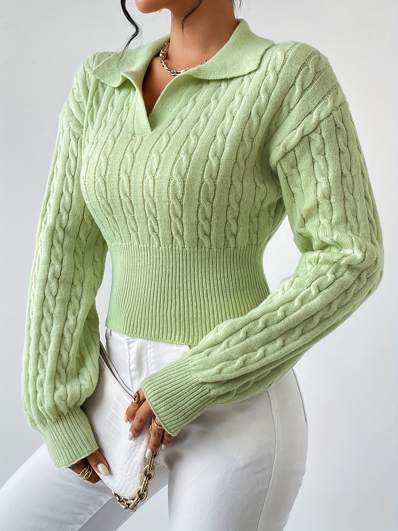 gbolsos Twist Textured V Neck Knitted Top, Casual Long Sleeve Sweater For Fall & Winter, Women's Clothing