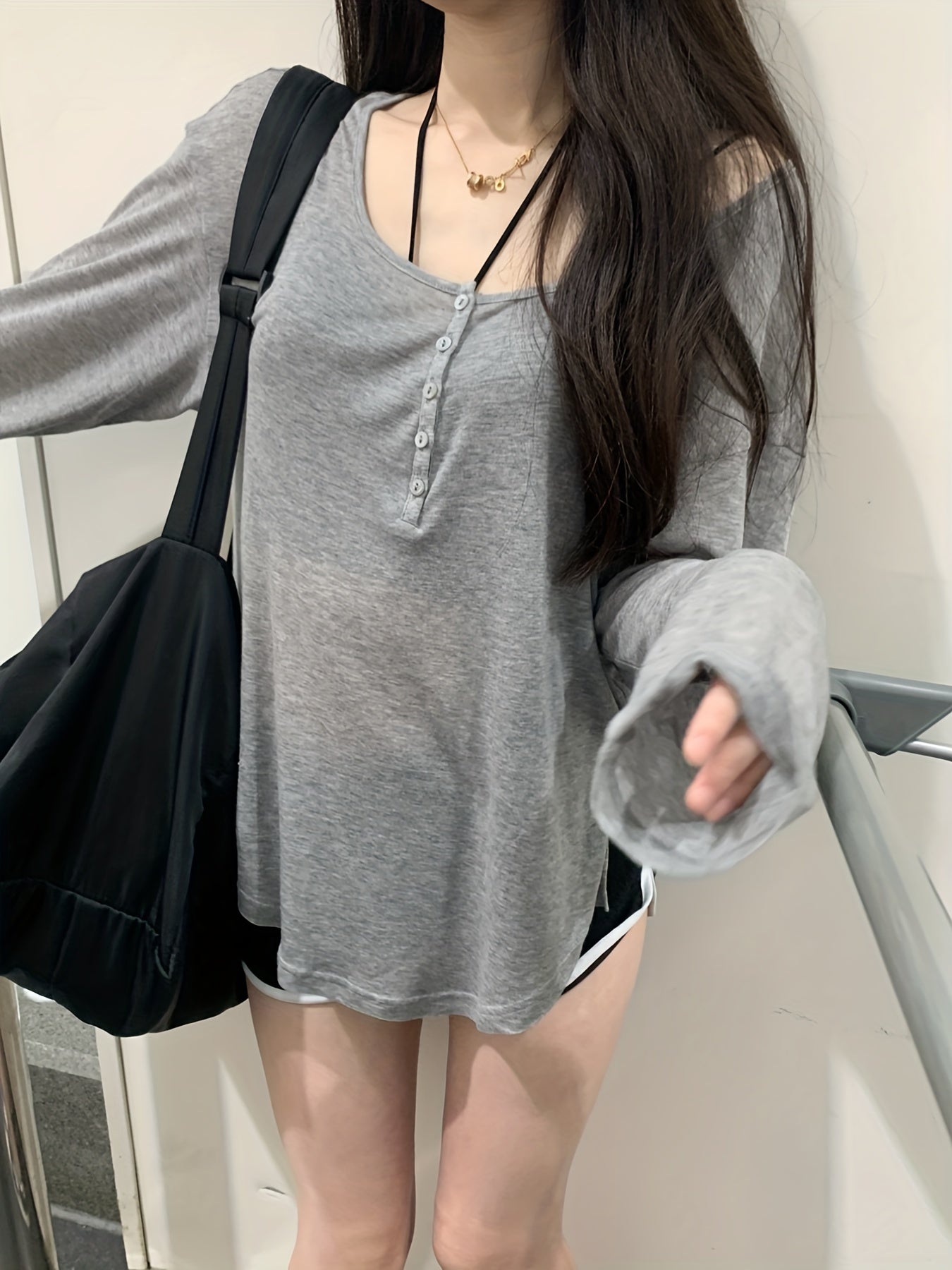 gbolsos Grey Single-breasted Scoop Neck Cover Up T-shirt Top, Long Sleeve Semi Sheer Loose Fit Solid Color Sun Protection Beach Coverup Shirt, Women's Swimwear & Clothing