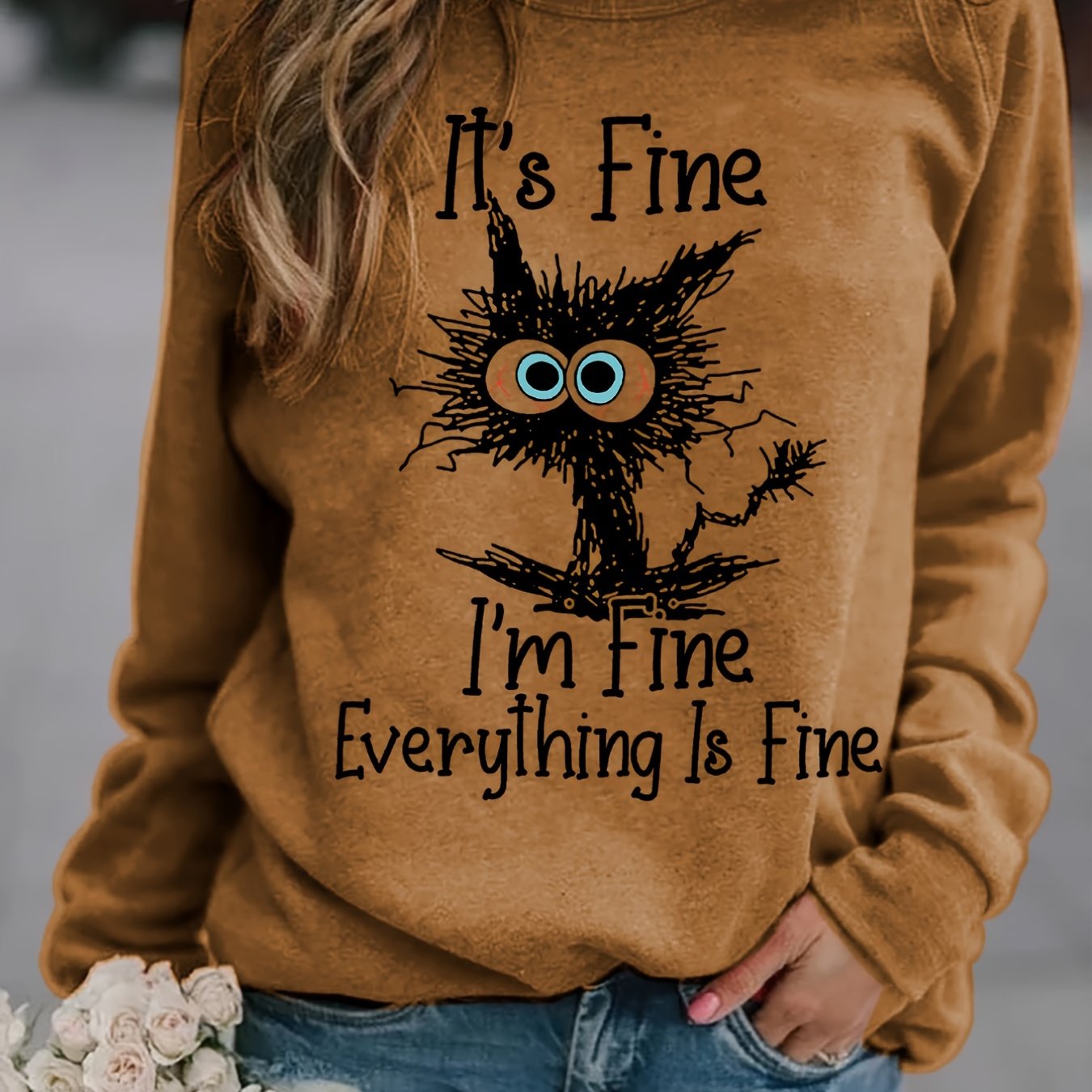 gbolsos It's Fine Cartoon Cat Print Sweatshirt, Long Sleeve Crew Neck Casual Sweatshirt For Winter & Fall, Women's Clothing