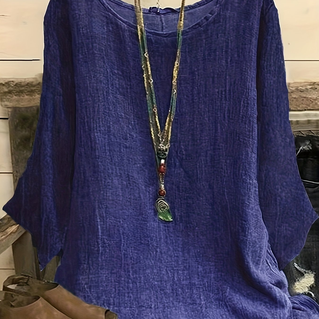 solvbao Plus Size Casual Top, Women's Plus Solid Long Sleeve Round Neck Oversized Tunic Top