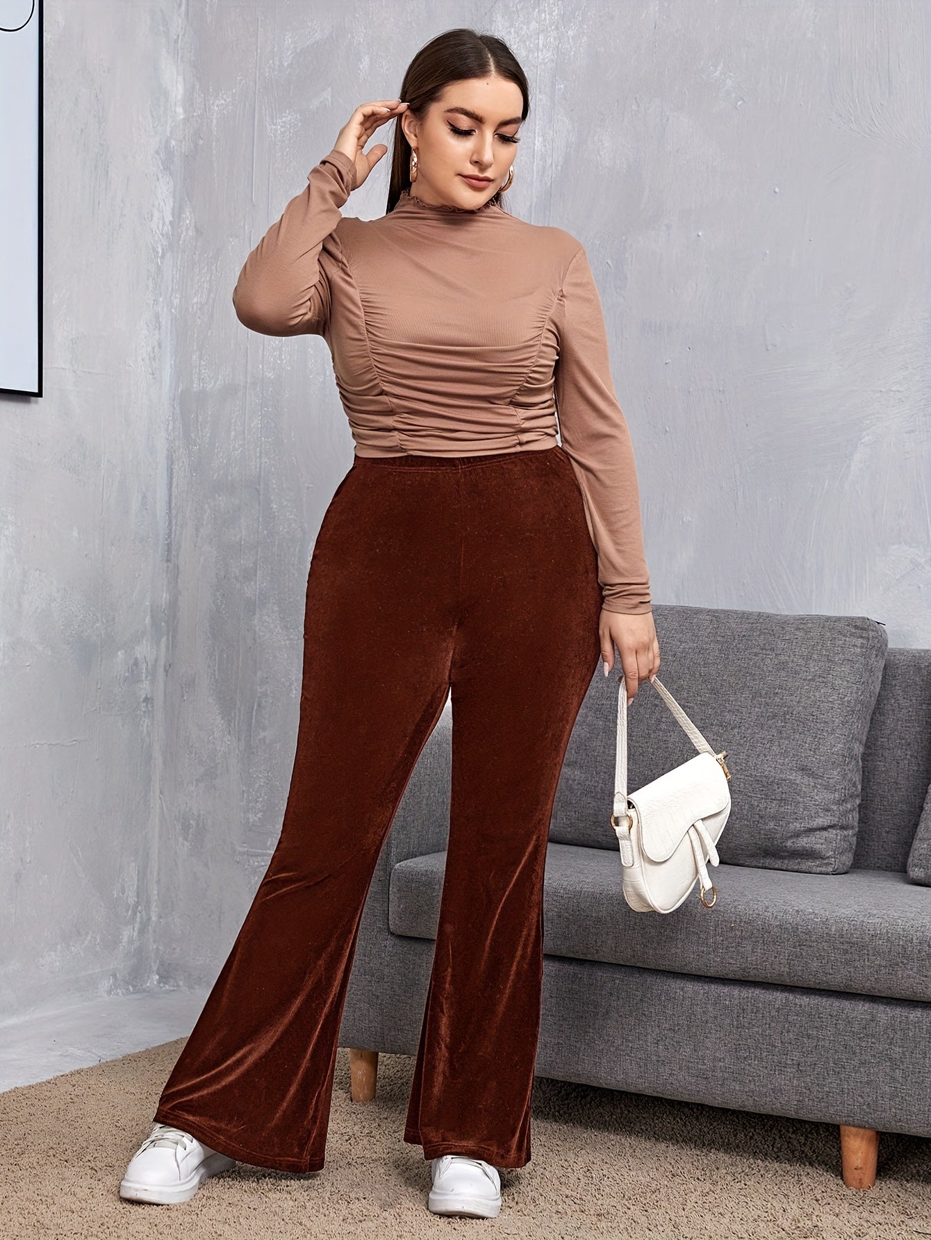 Plus Size Solid Flare Leg Pants, Casual High Waist Pants, Women's Plus Size Clothing