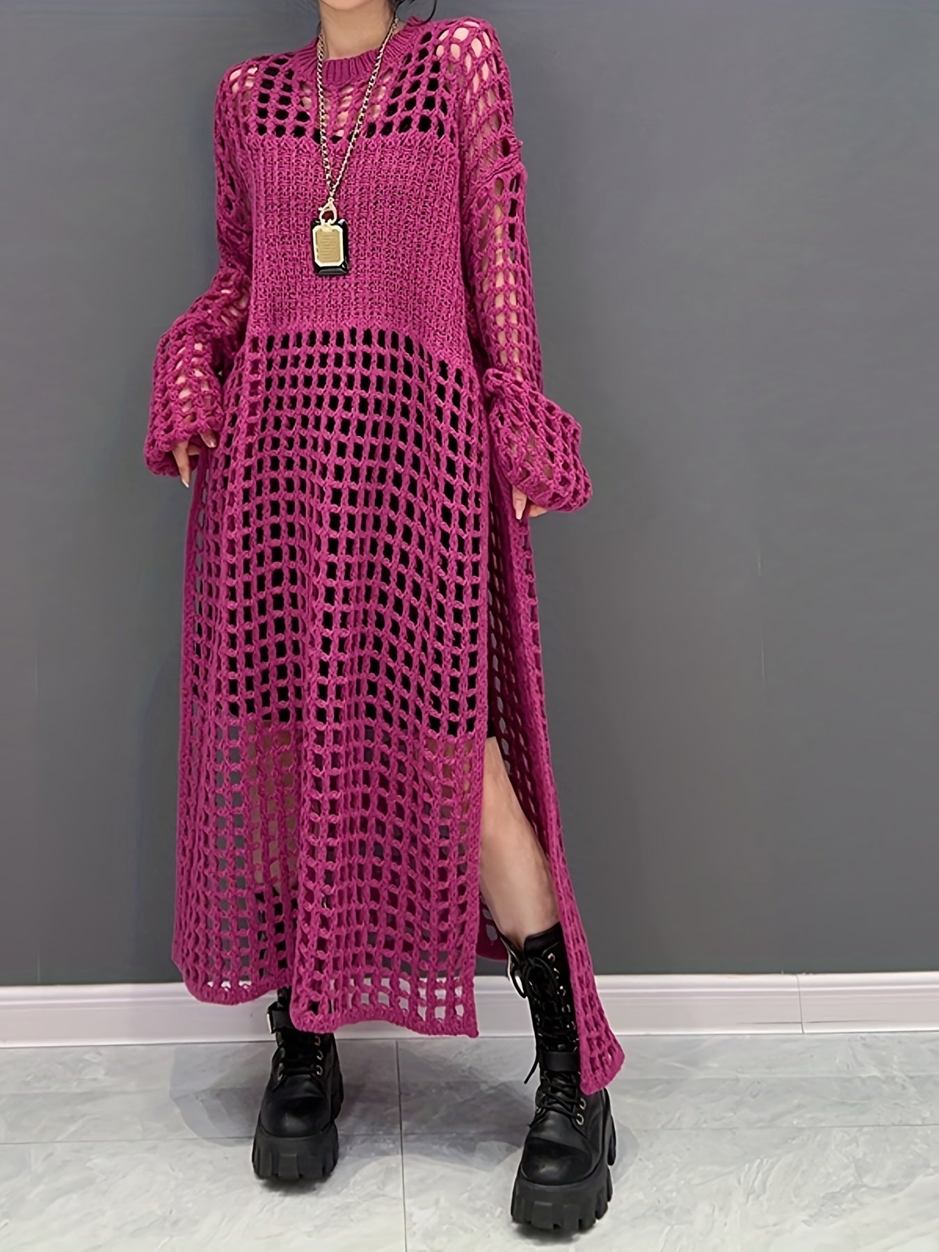 Crochet Split Thigh Dress, Casual Solid Long Sleeve Maxi Dress, Women's Clothing