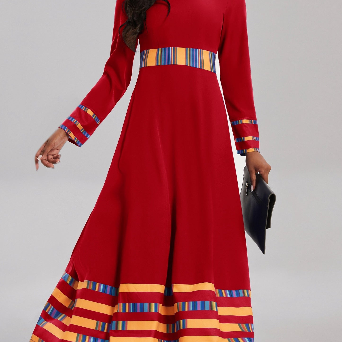 gbolsos Striped & Color Block Ankle Dress, Casual Crew Neck Long Sleeve Dress, Women's Clothing