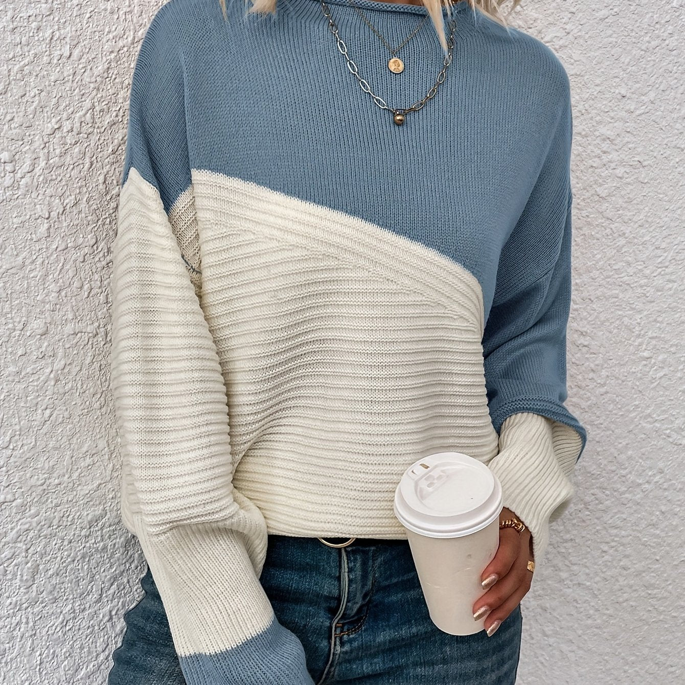 gbolsos Color Block Loose Pullover Sweater, Elegant Long Sleeve Drop Shoulder Sweater, Women's Clothing