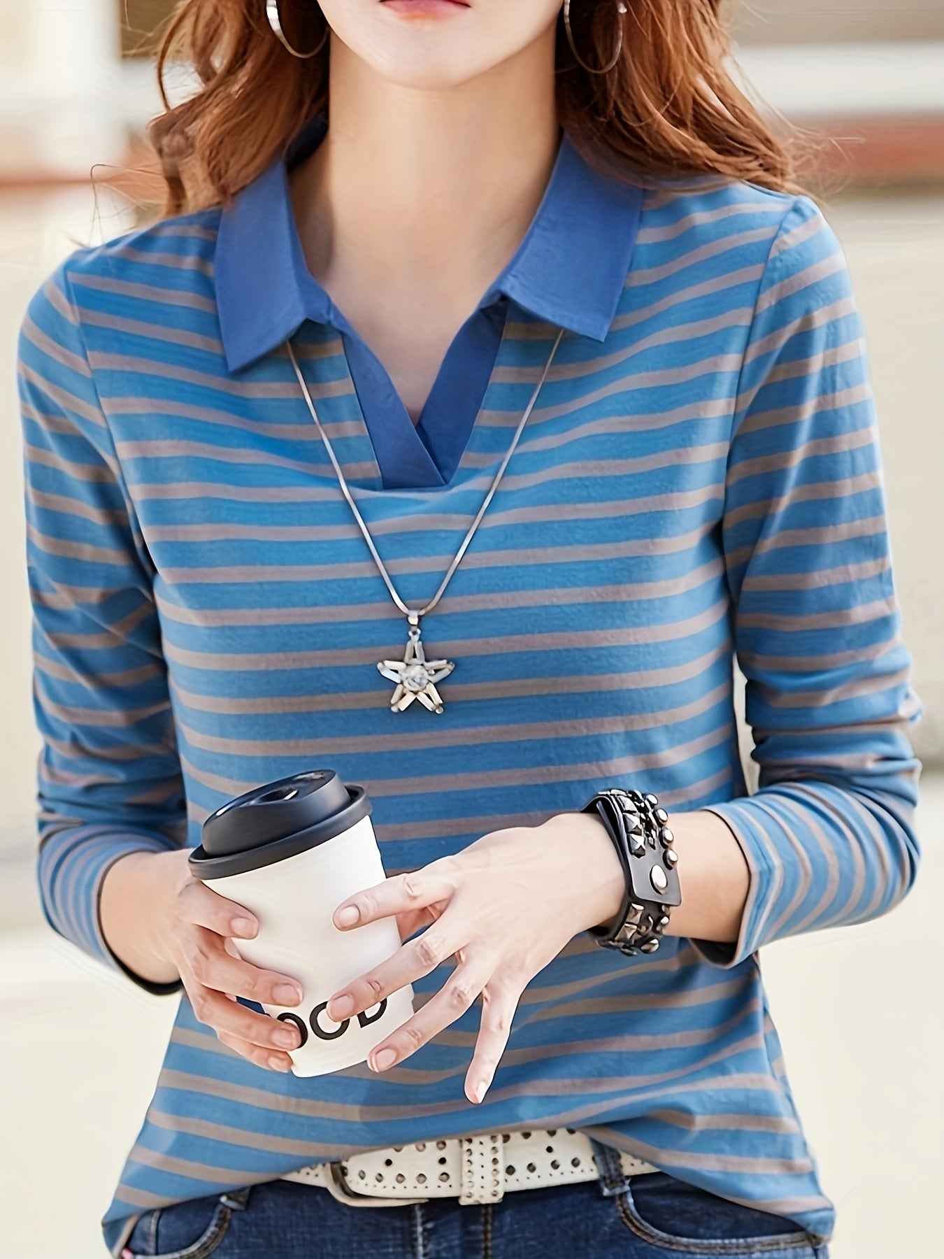 gbolsos Striped Polo Neck T-shirt, Casual Long Sleeve Contrast Trim Top, Women's Clothing