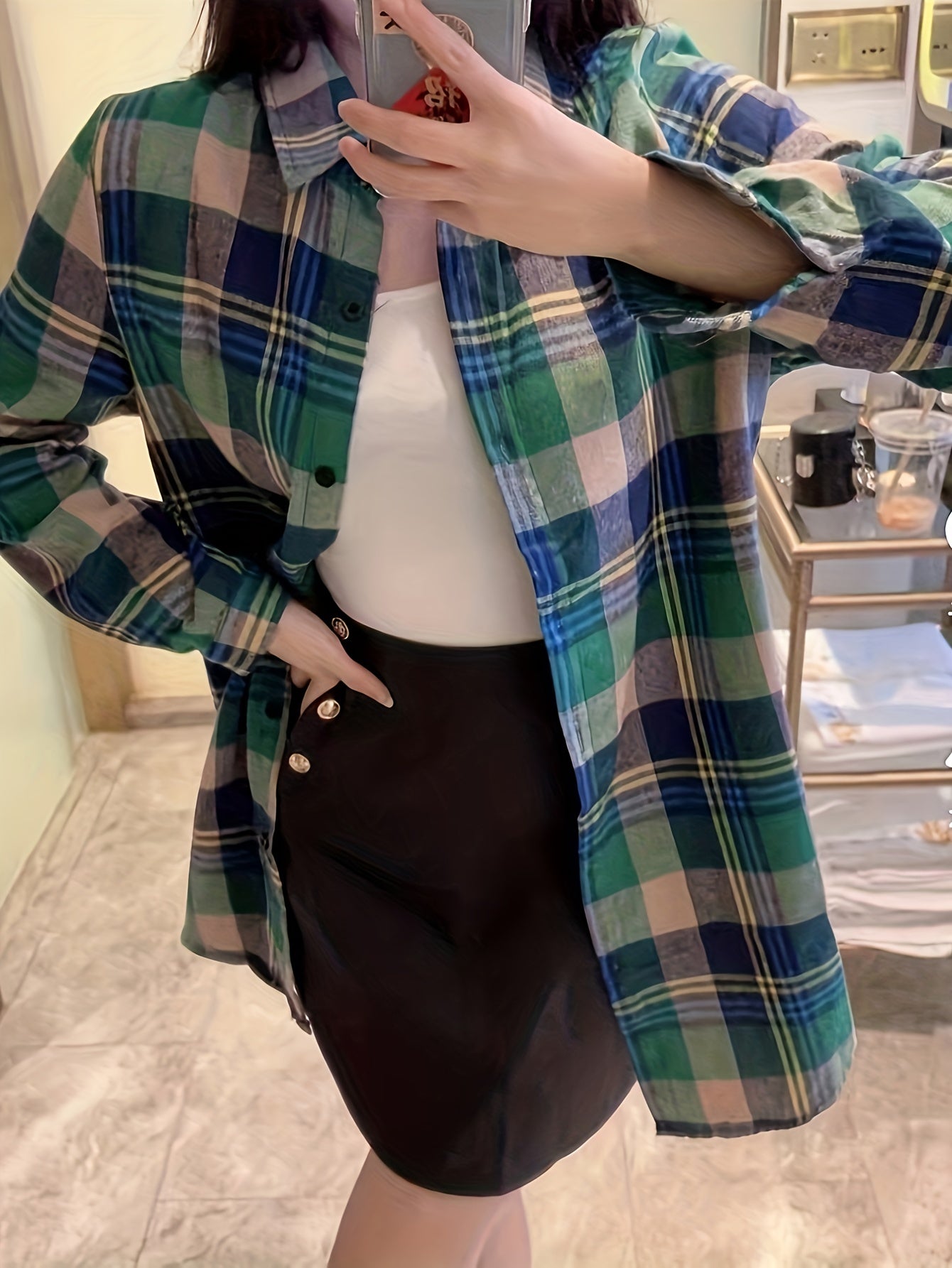 gbolsos Plaid Print Button Front Shirt, Thigh Length Long Sleeve Shirt For Spring & Fall, Women's Clothing