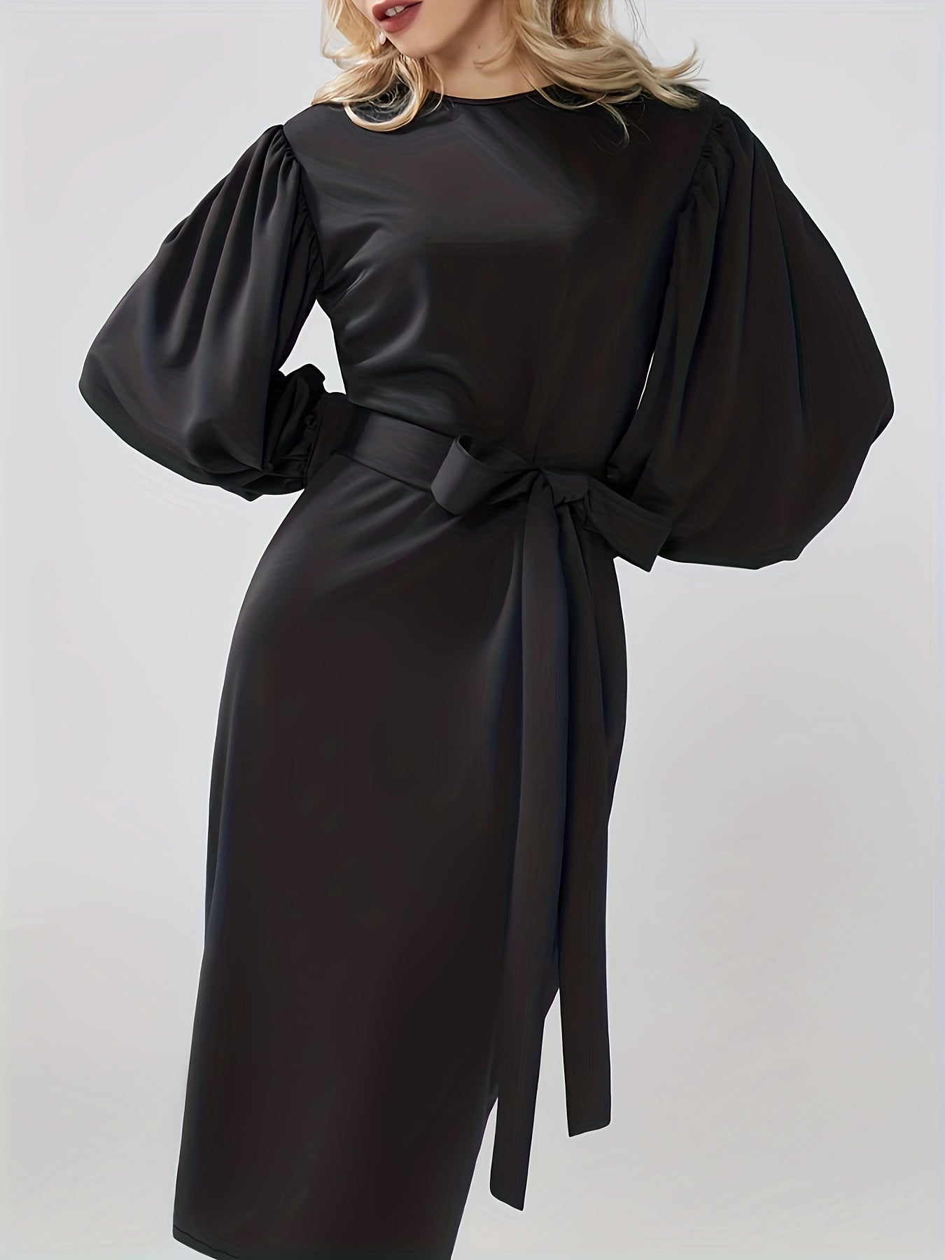 gbolsos Split Lantern Long Sleeve Dress, Elegant Crew Neck Solid Dress, Women's Clothing