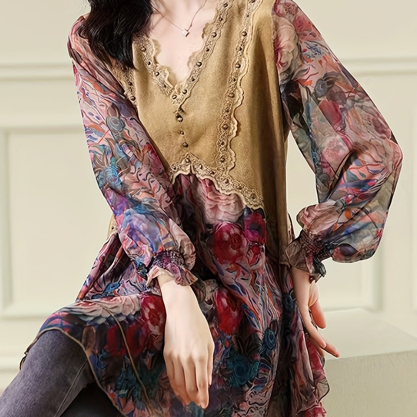 gbolsos Floral Print Splicing V-neck Tunics, Elegant Long Sleeve Color Block Top For Spring & Fall, Women's Clothing