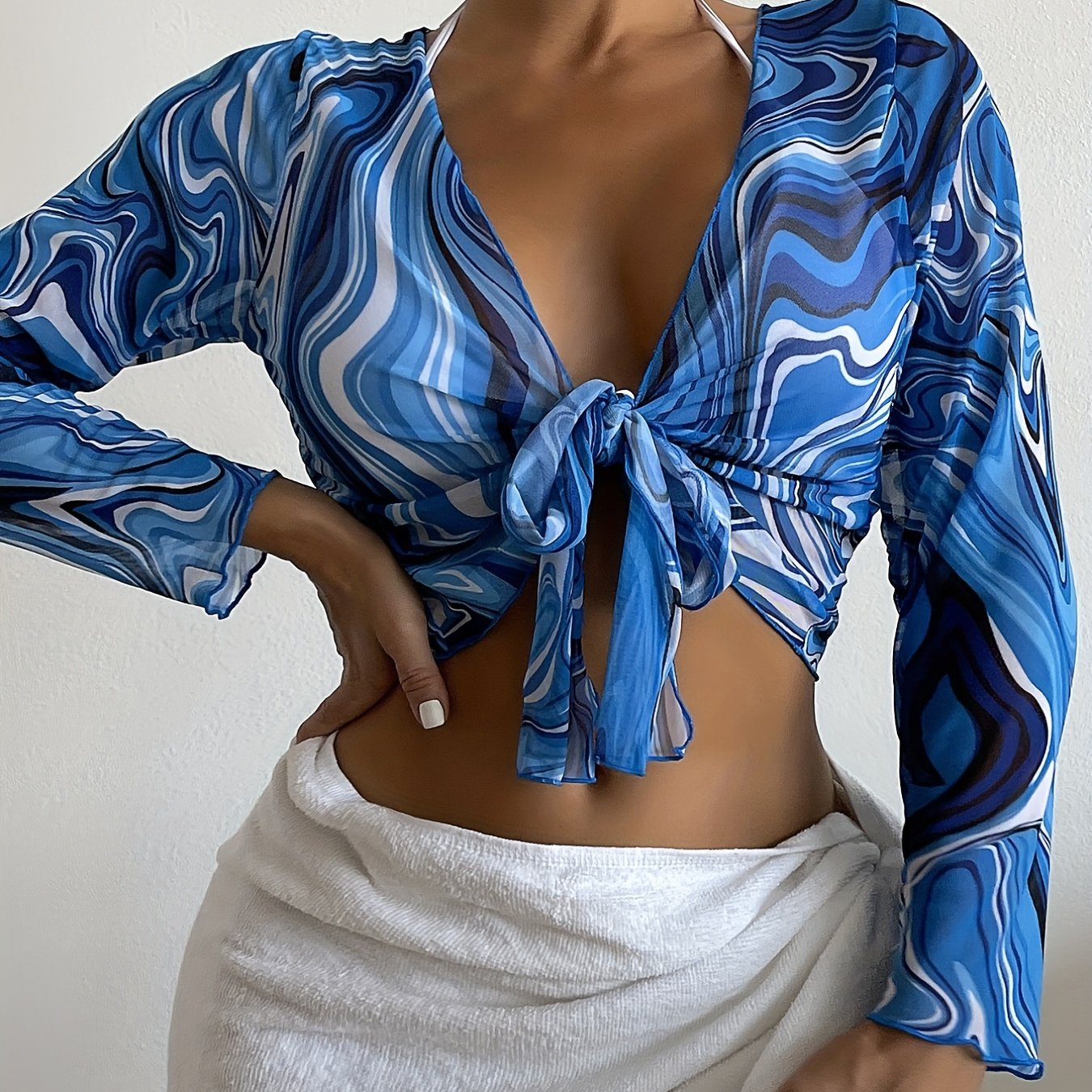 gbolsos Blue Fluid Print Long Sleeve Cover Up, Soft Mesh Bow Tie Sun Protection Cardigan, Women's Swimwear & Clothing