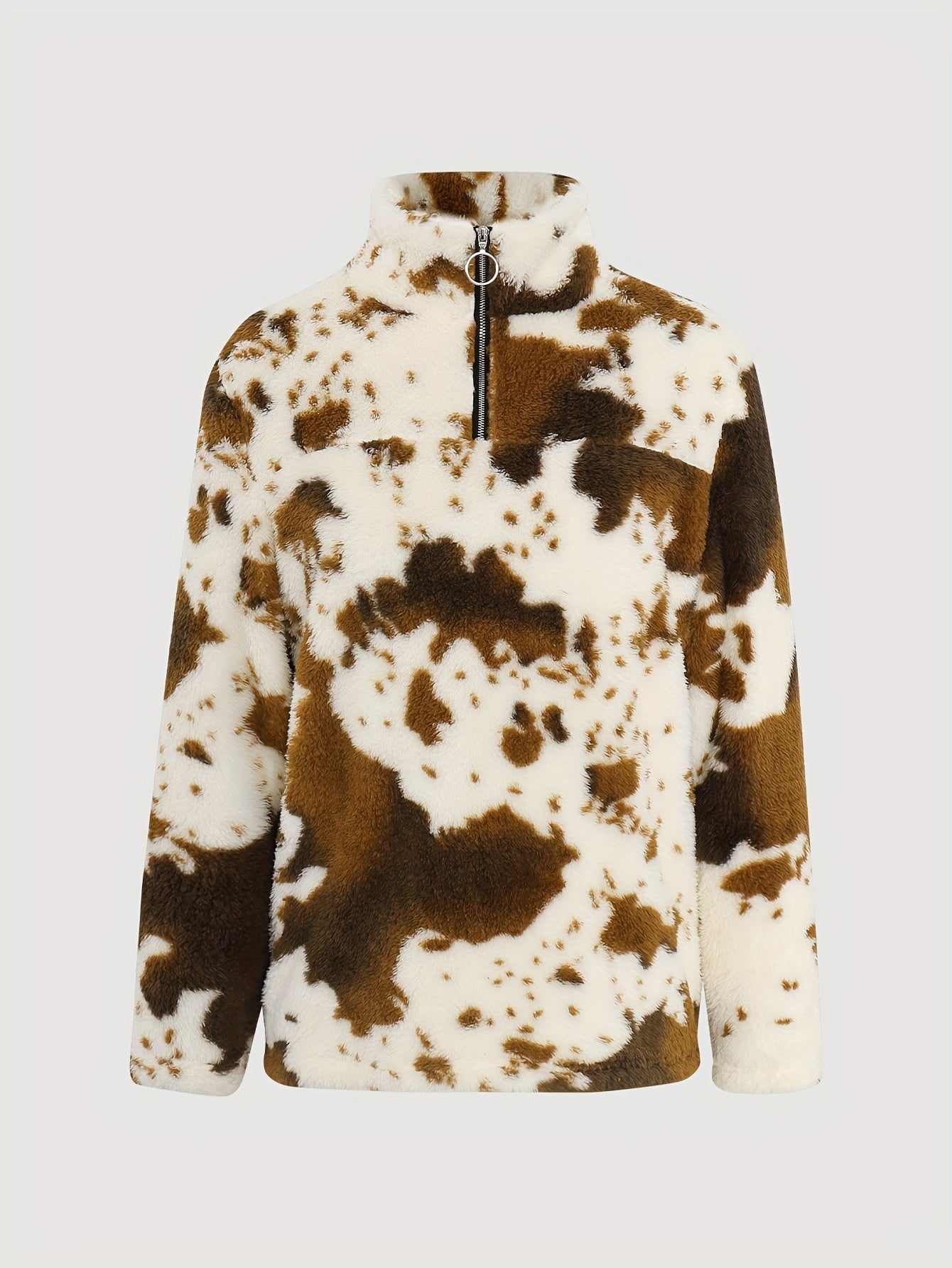 Fuzzy Cow Print Pullover Sweatshirt, Casual Long Sleeve Crew Neck Sweatshirt For Fall & Winter, Women's Clothing