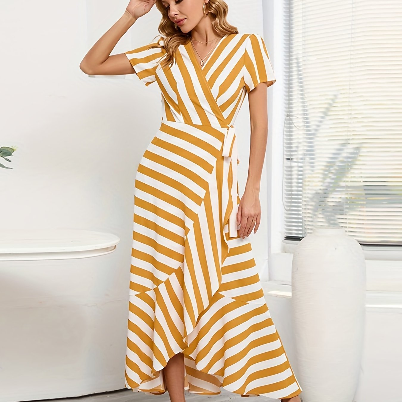 gbolsos Striped Ruffle Hem V Neck Dress, Casual Short Sleeve Dress For Spring & Summer, Women's Clothing