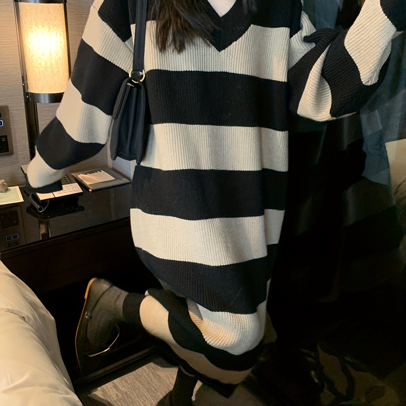 gbolsos Striped Drop Shoulder Sweater Dress, Casual V Neck Long Sleeve Maxi Dress, Women's Clothing