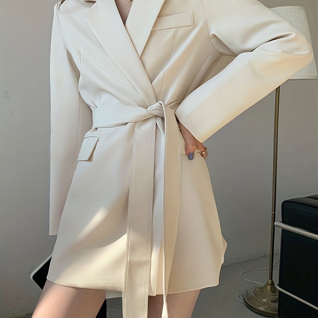 gbolsosSolid Tie-waist Lapel Blazer, Elegant Long Sleeve Outerwear For Work & Office, Women's Clothing