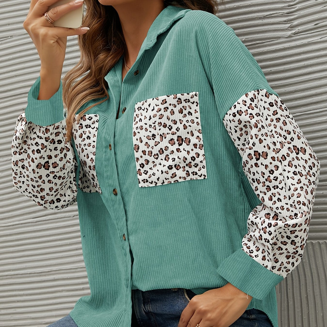 gbolsos Corduroy Leopard Print Stitching Coat, Casual Lapel Long Sleeve Button Down Fashion Loose Outerwear, Women's Clothing