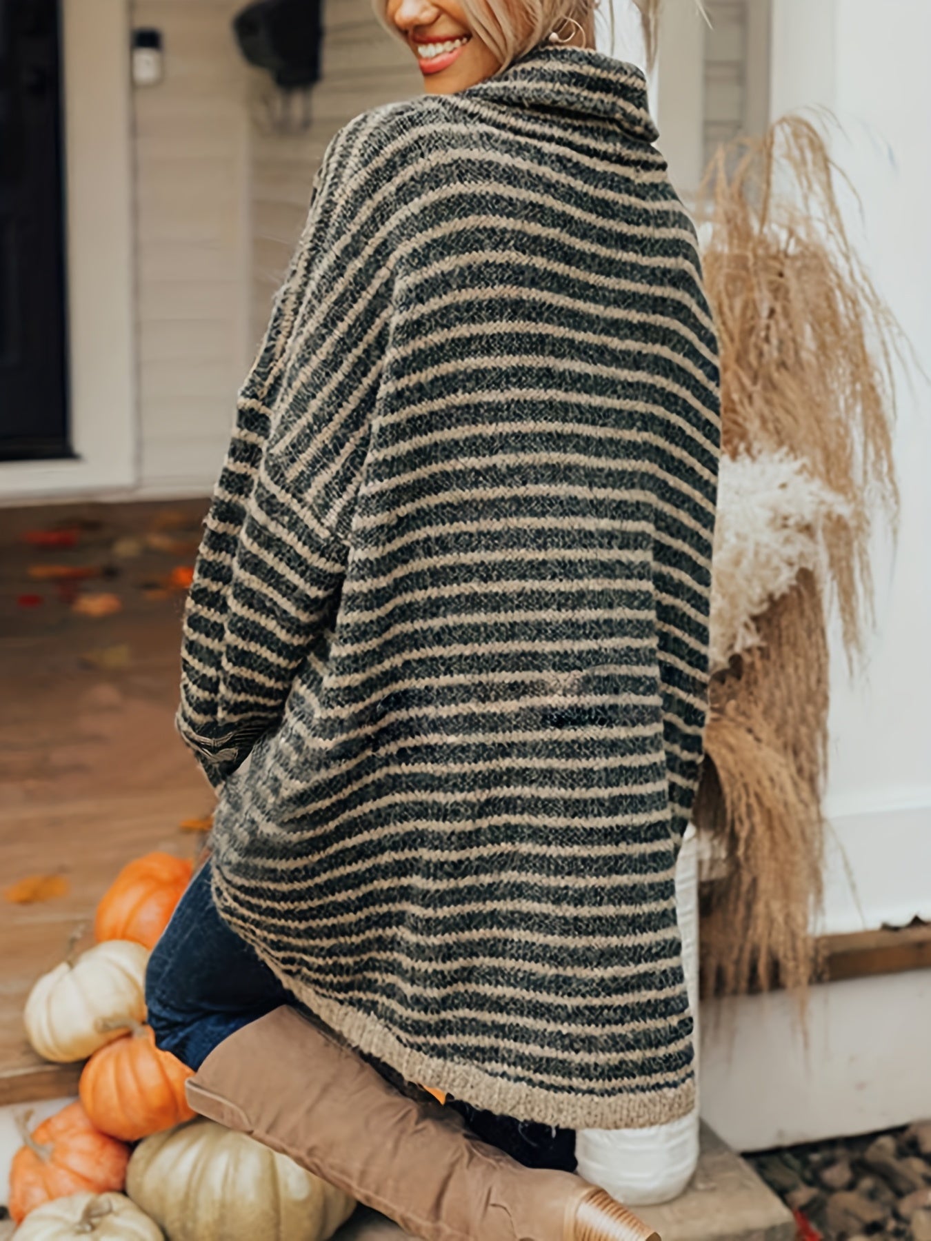 gbolsos Plus Size Casual Sweater, Women's Plus Stripe Print Chimney Collar Long Sleeve Pullover Sweater