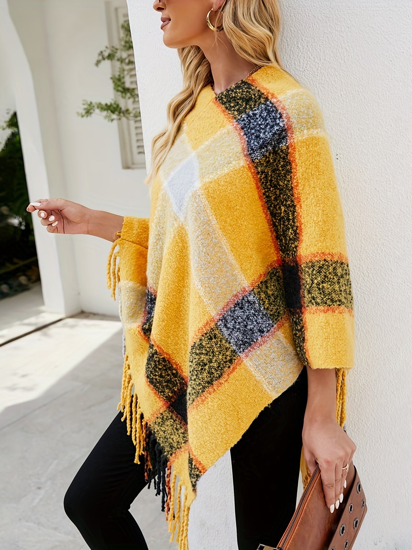 Plaid Pattern Tassel Trim Cape Sweater, Casual Batwing Sleeve Sweater, Women's Clothing