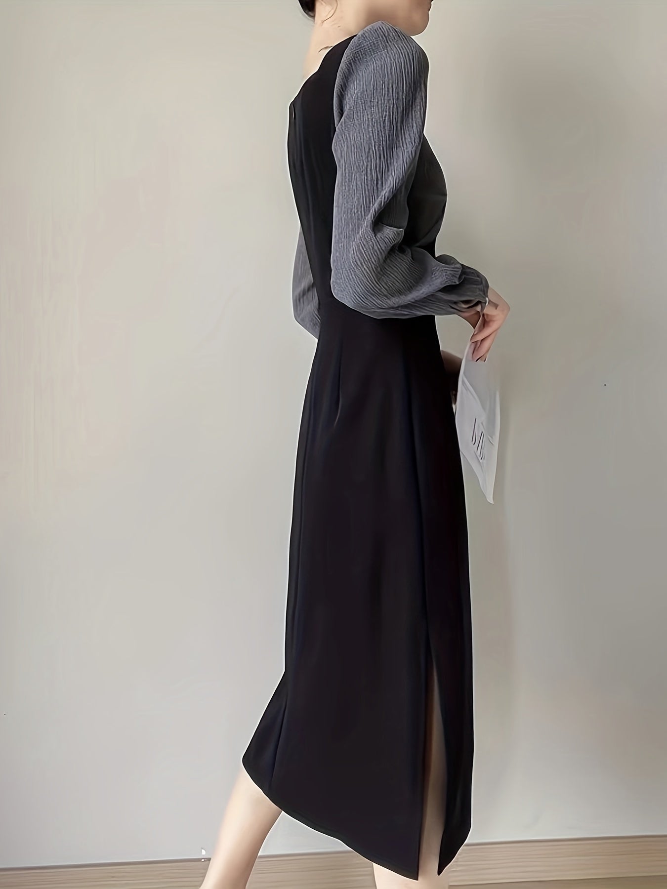 gbolsos Faux Twinset Twist Front Dress, Chic Long Sleeve A-line Dress For Spring & Fall, Women's Clothing