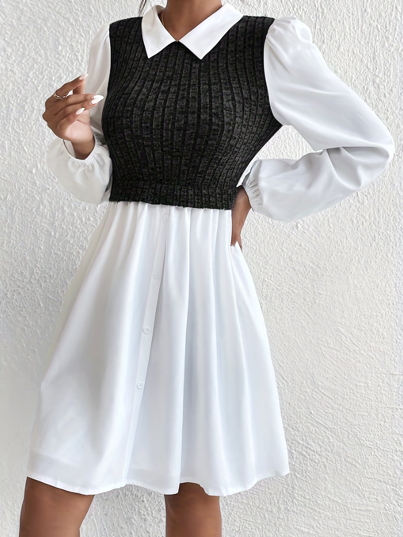 Button Front Stitching Knit Dress, Elegant Long Sleeve Collared Dress, Women's Clothing