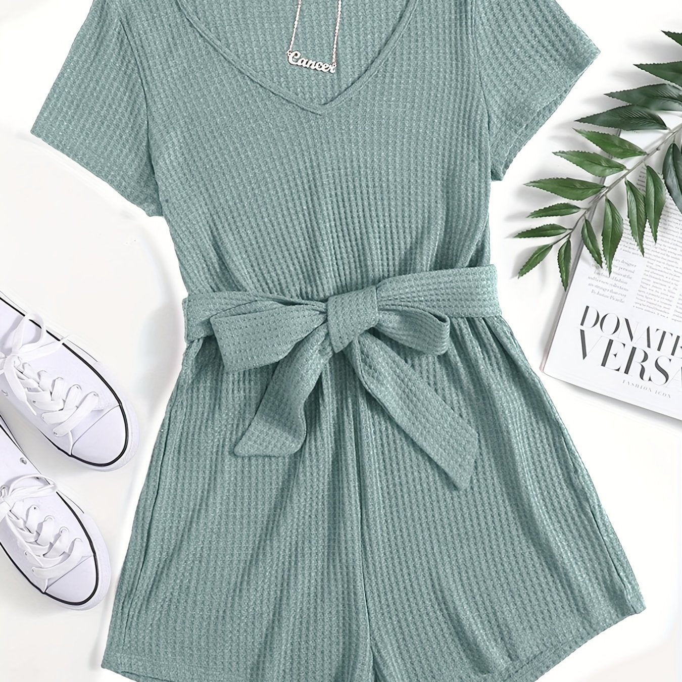 elveswallet Waffle Knit Short Sleeve Jumpsuit, V Neck Casual Jumpsuit For Summer & Spring, Women's Clothing