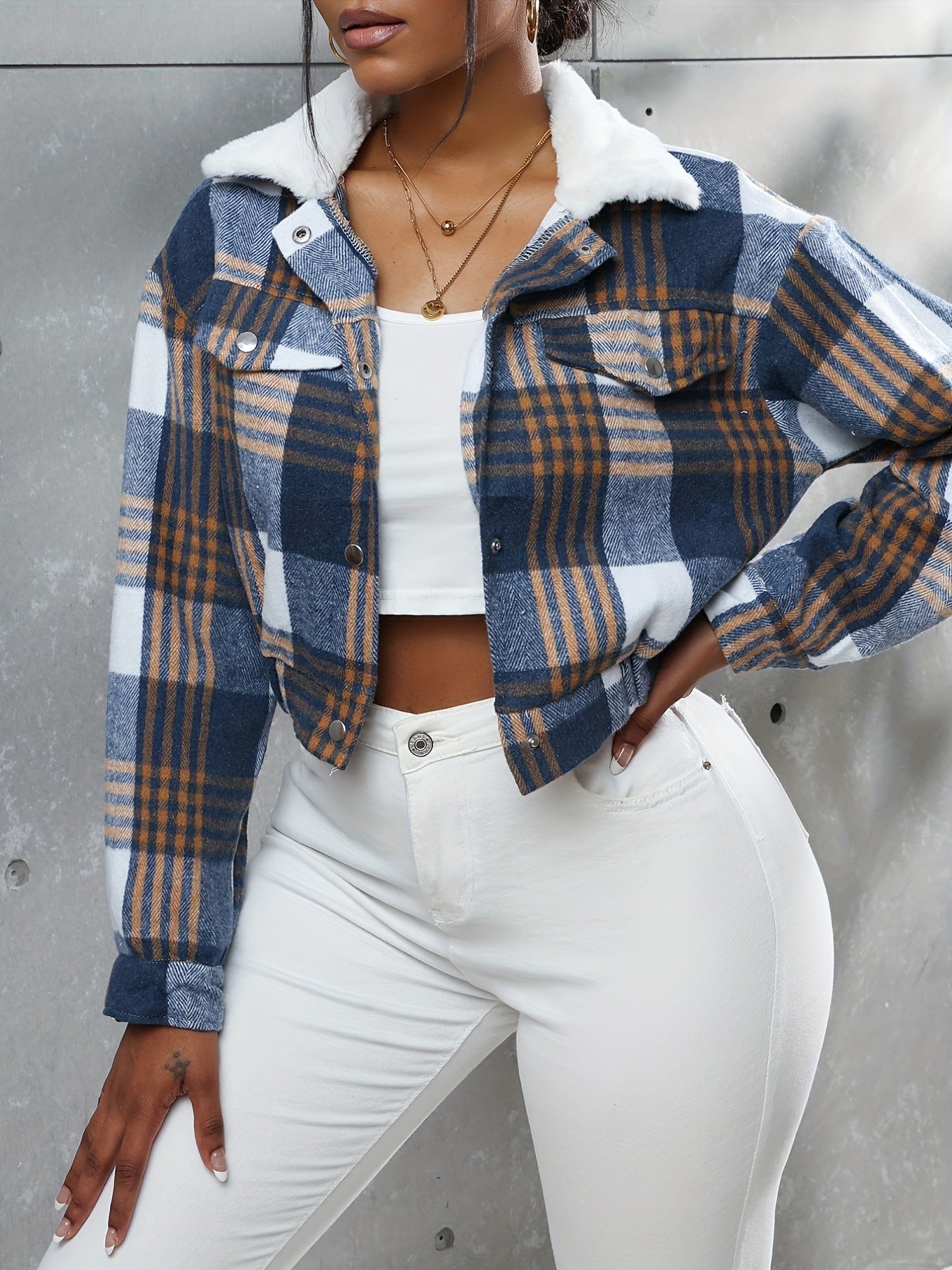 gbolsos Button Plaid Faux Fur Collar Jacket, Casual Long Sleeve Crop Jacket For Fall & Winter, Women's Clothing