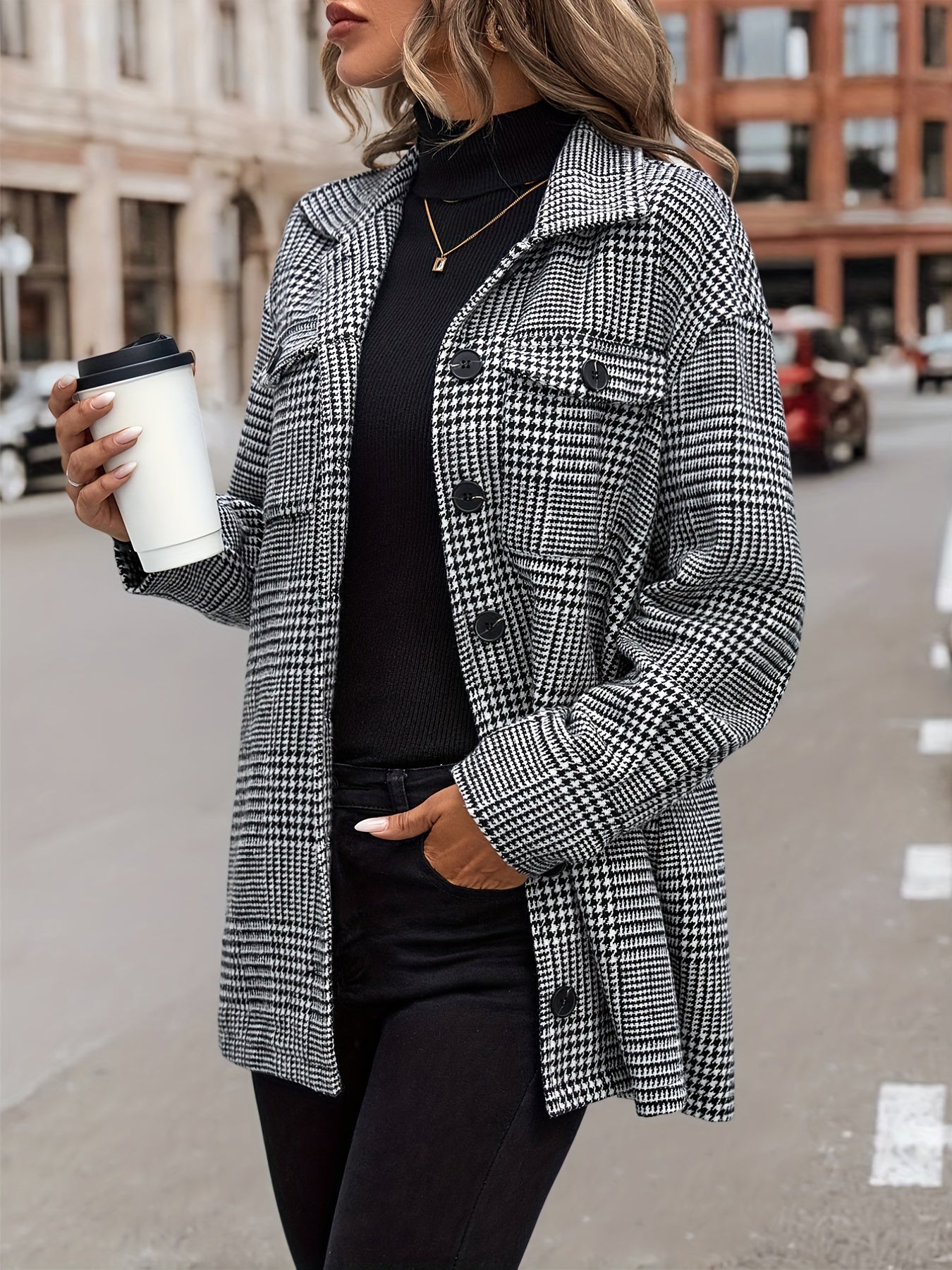 gbolsos Houndstooth Flap Pockets Jacket, Casual Long Sleeve Single Breasted Jacket, Women's Clothing