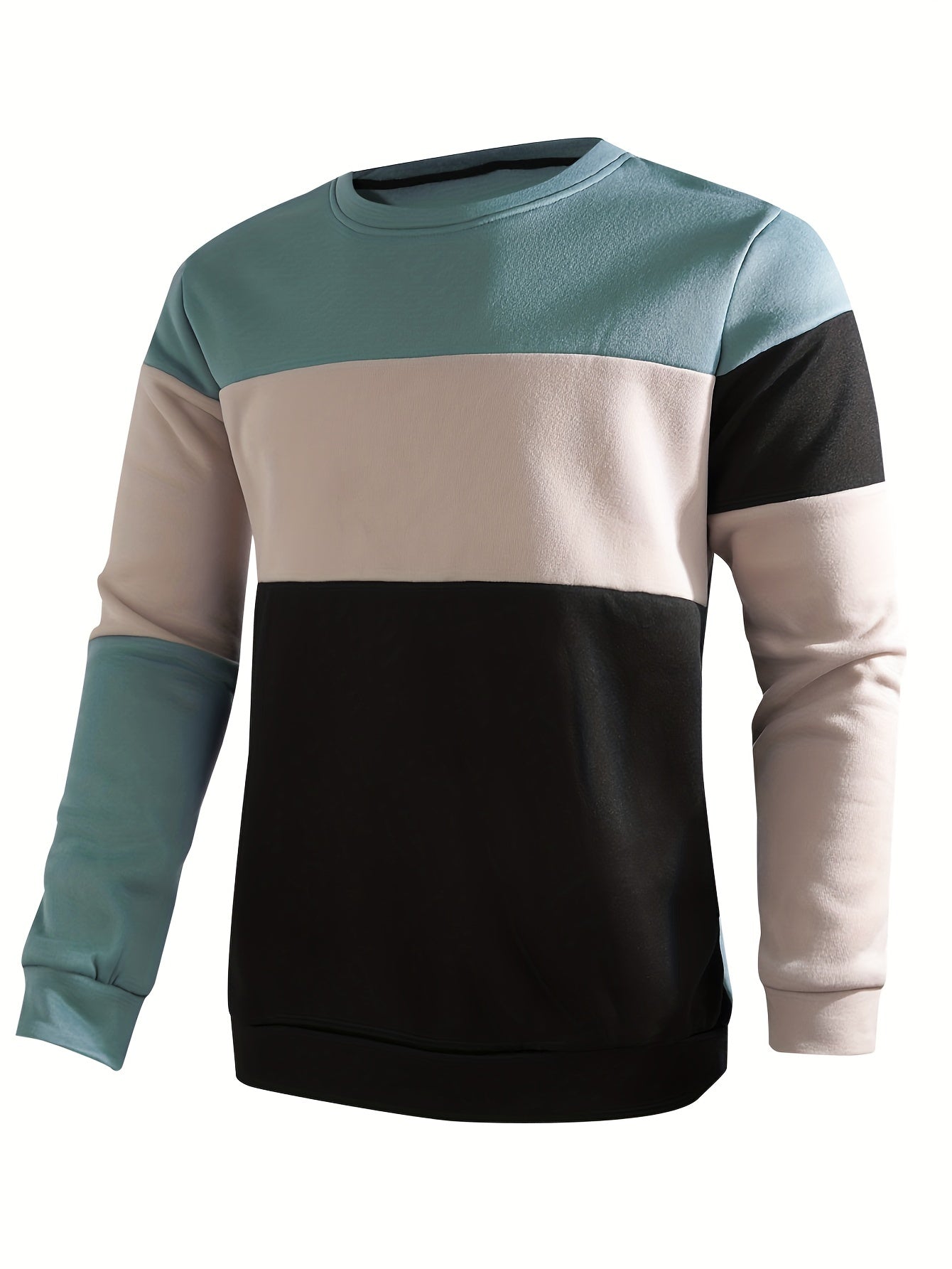 gbolsos Colorblock Sweatshirt, Men's Casual Solid Color Slightly Stretch Crew Neck Pullover Sweatshirt For Spring Fall