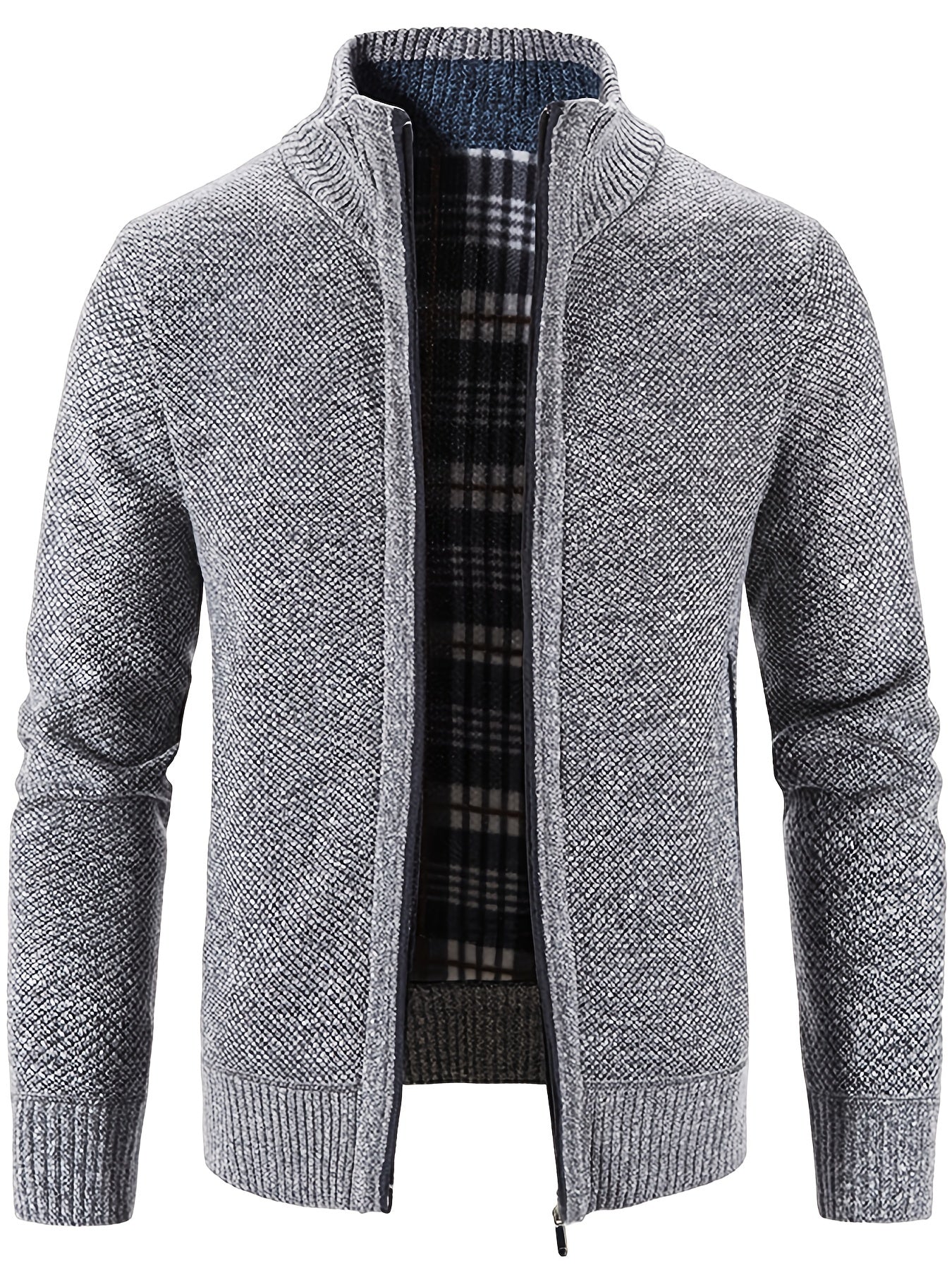gbolsos Warm Stand Collar Fleece Jacket, Men's Semi-formal Comfortable Solid Color Zip Up Knitted Cardigan For Spring Fall