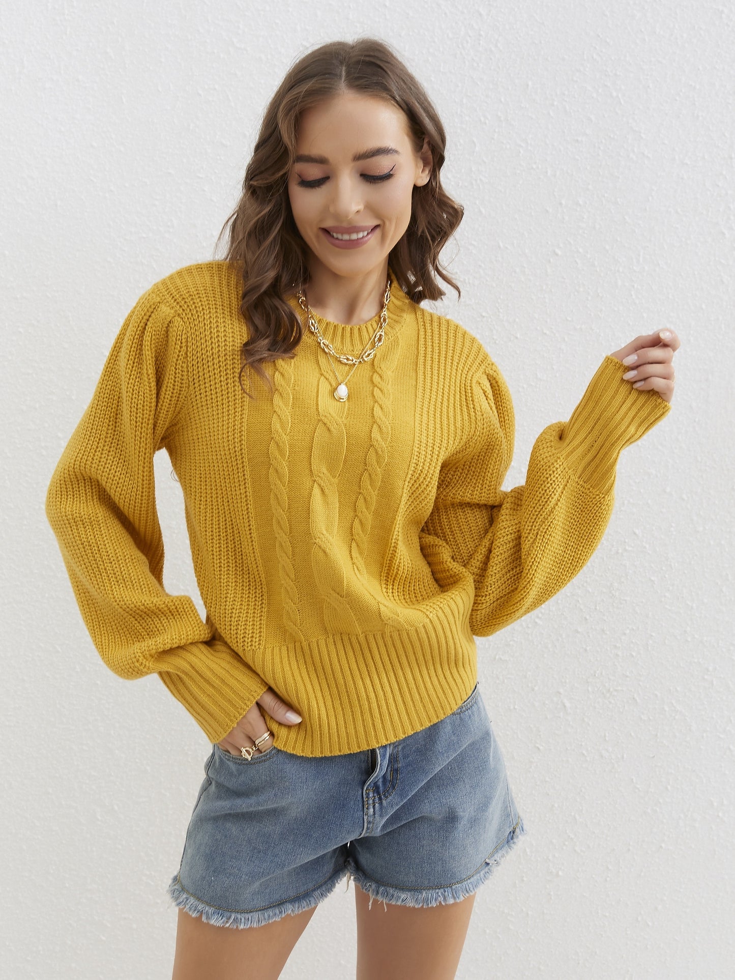 gbolsos Twist Patten Crew Neck Pullover Sweater, Casual Lantern Sleeve Sweater For Fall & Winter, Women's Clothing