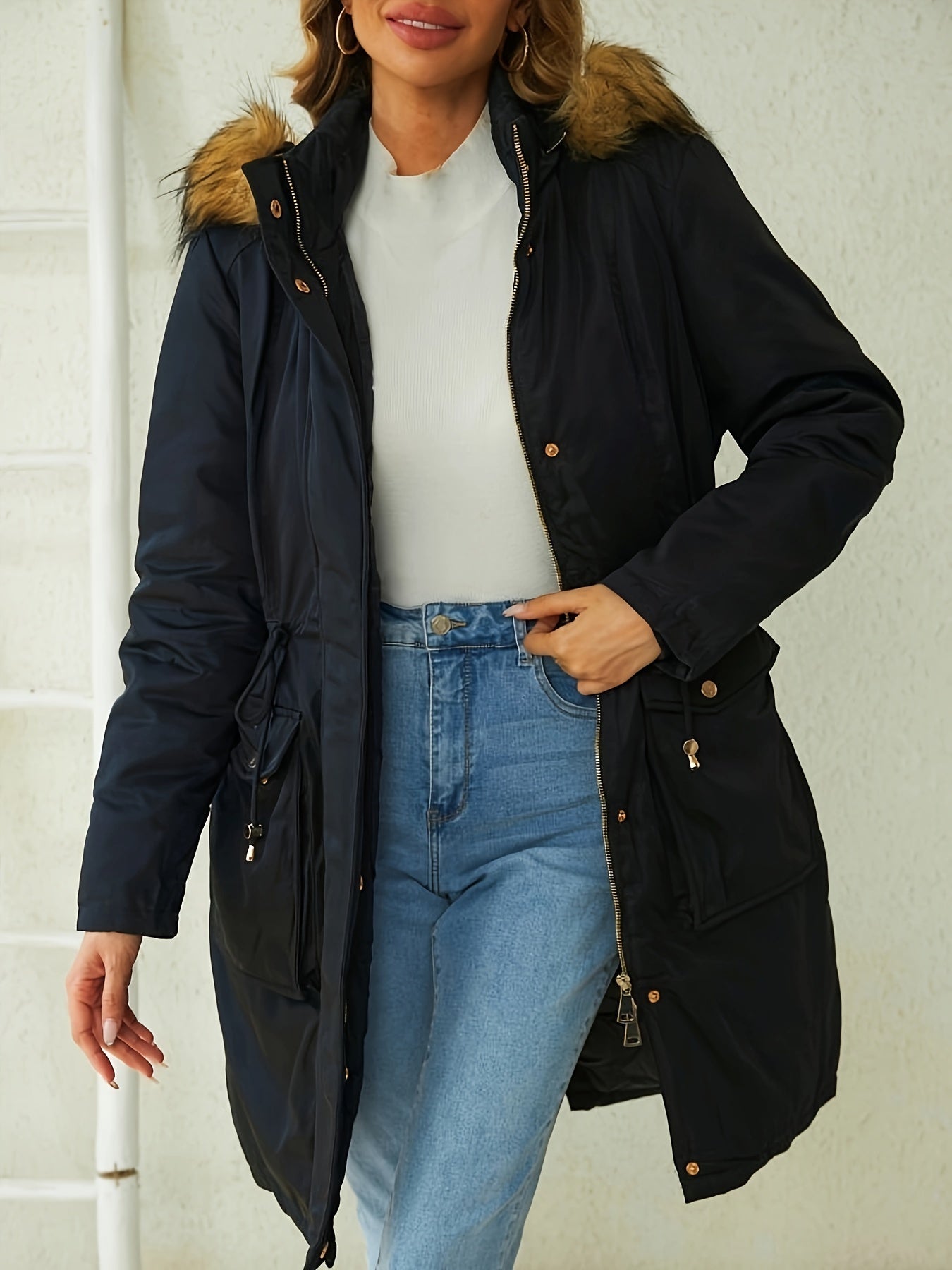 gbolsos Faux Fur Trim Hooded Coat, Casual Zip & Button Front Long Sleeve Winter Warm Outerwear, Women's Clothing