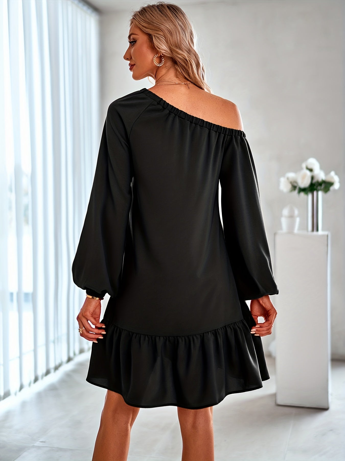 Ruffle Trim Slanted Shoulder Dress, Casual Solid Long Sleeve Dress, Women's Clothing
