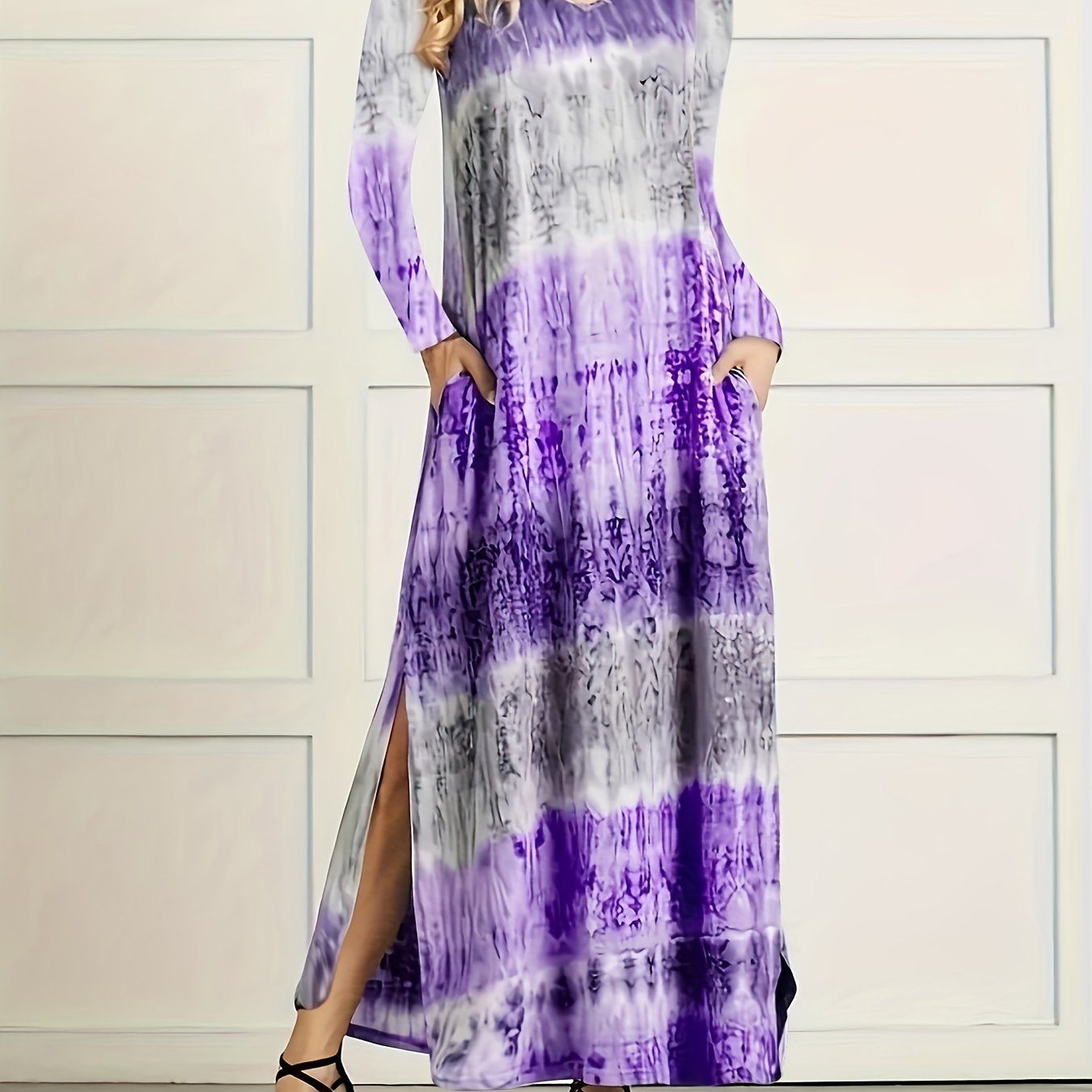 solvbao Plus Size Casual Dress, Women's Plus Tie Dye Long Sleeve V Neck Split Hem Maxi Dress With Pockets