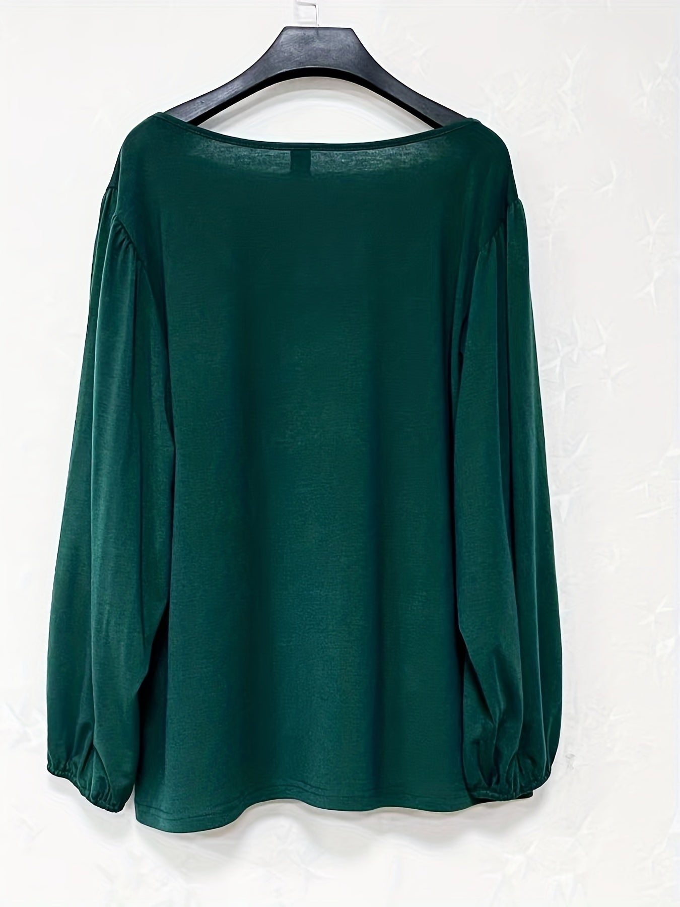 solvbao Plus Size Casual Top, Women's Plus Solid Lantern Sleeve Round Neck Medium Stretch Top