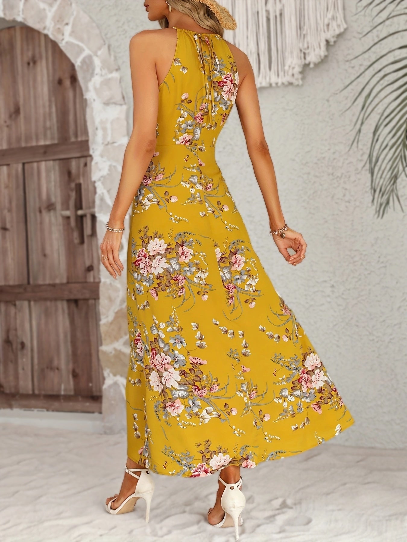 gbolsos Floral Print Split Halter Neck Dress, Sexy Halter Dress For Spring & Summer, Women's Clothing