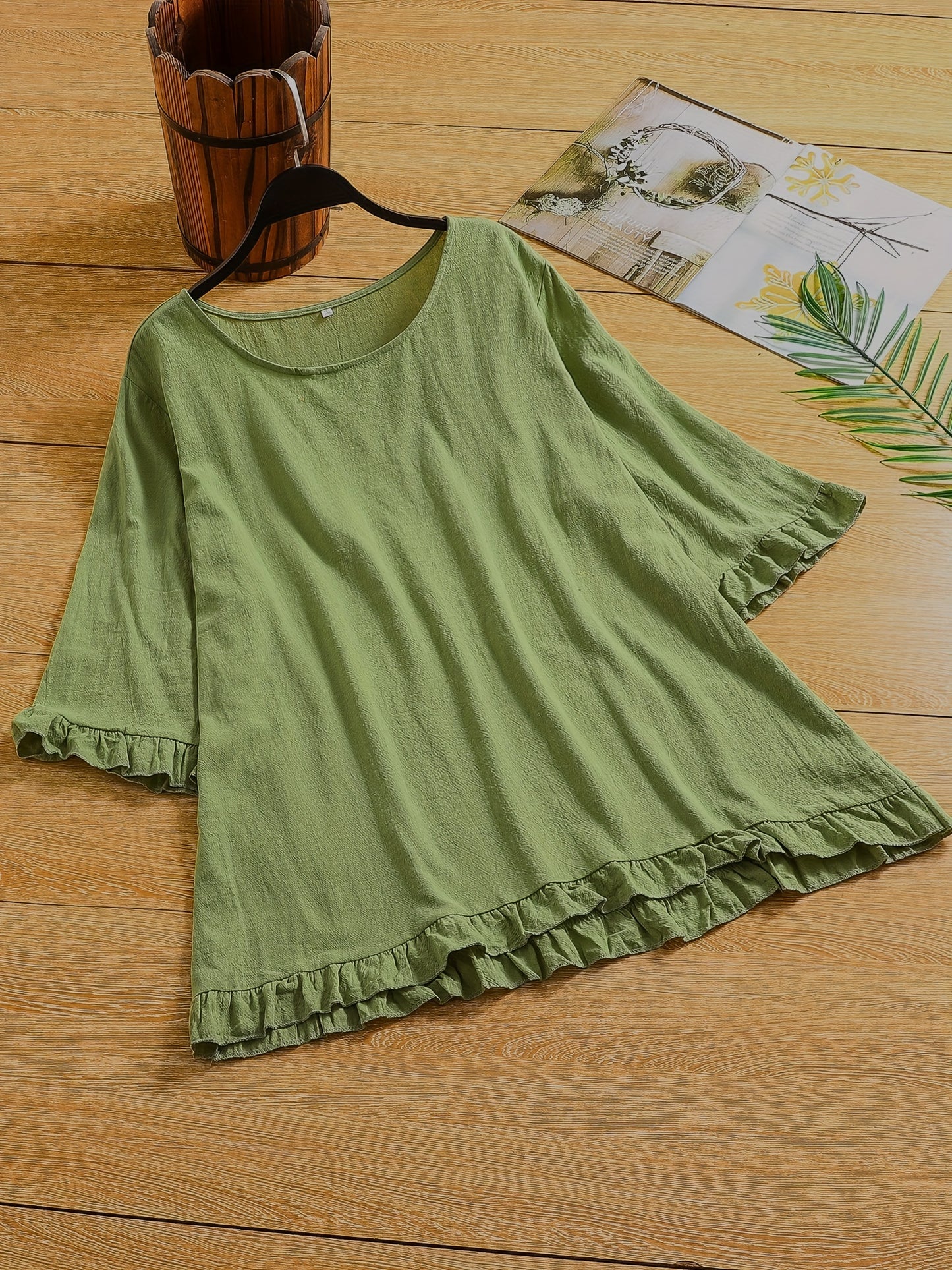 solvbao Plus Size Casual Top, Women's Plus Solid Lettuce Trim Half Sleeve Round Neck Slight Stretch Top