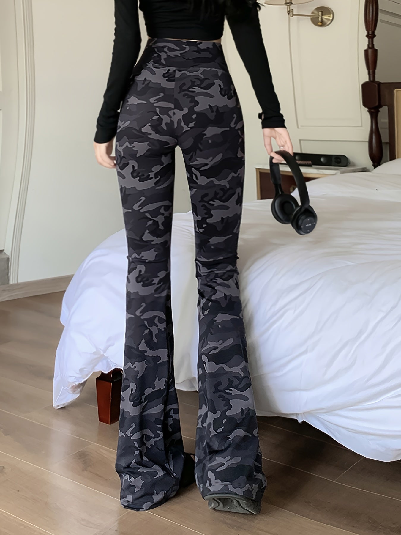 gbolsos Camo Print High Waist Pants, Casual Slim Pants For Spring & Summer, Women's Clothing