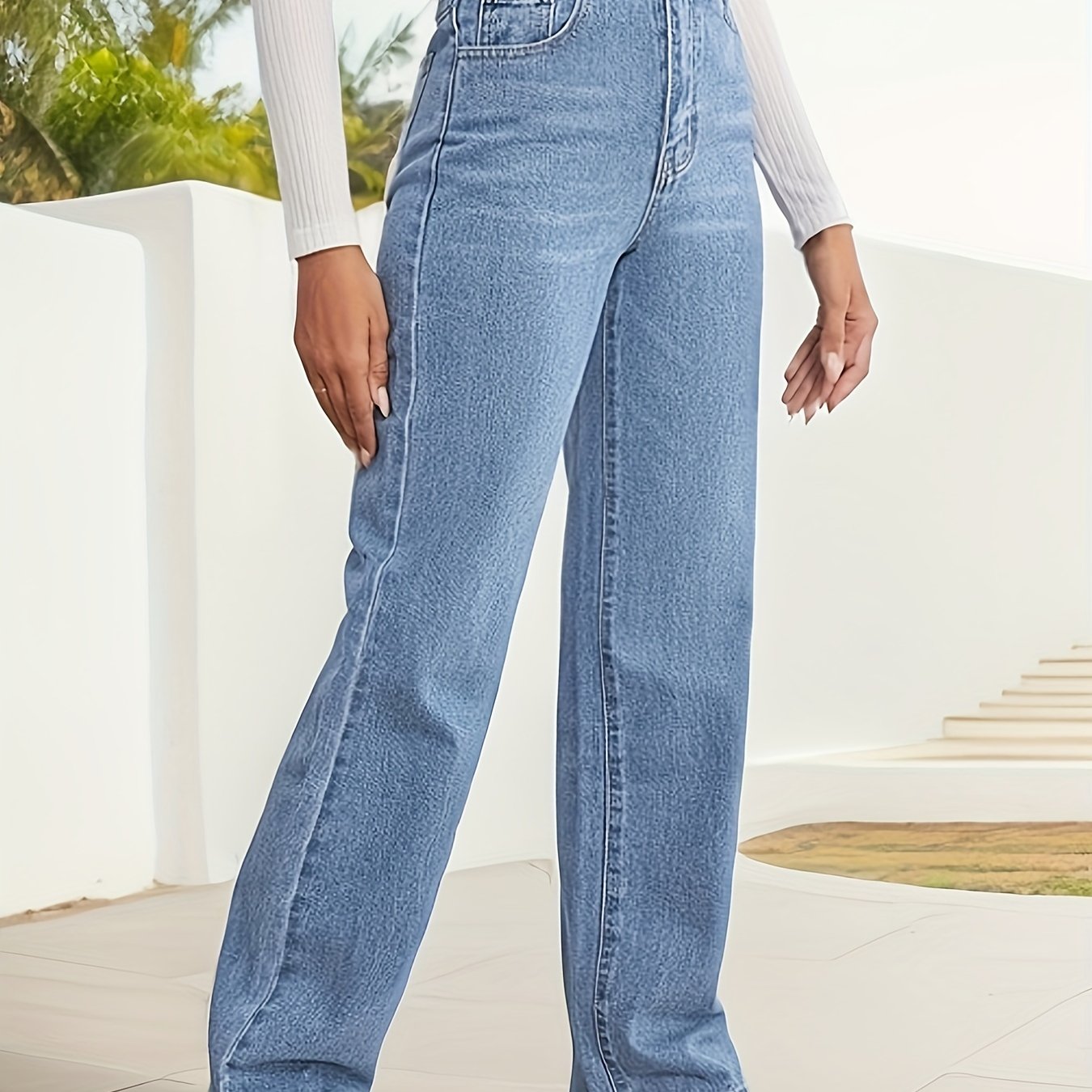 gbolsos High Waist Whiskering Light Wash Mom Jeans, Water Ripple Embossed Loose Straight Leg Denim Pants, Women's Denim Jeans & Clothing
