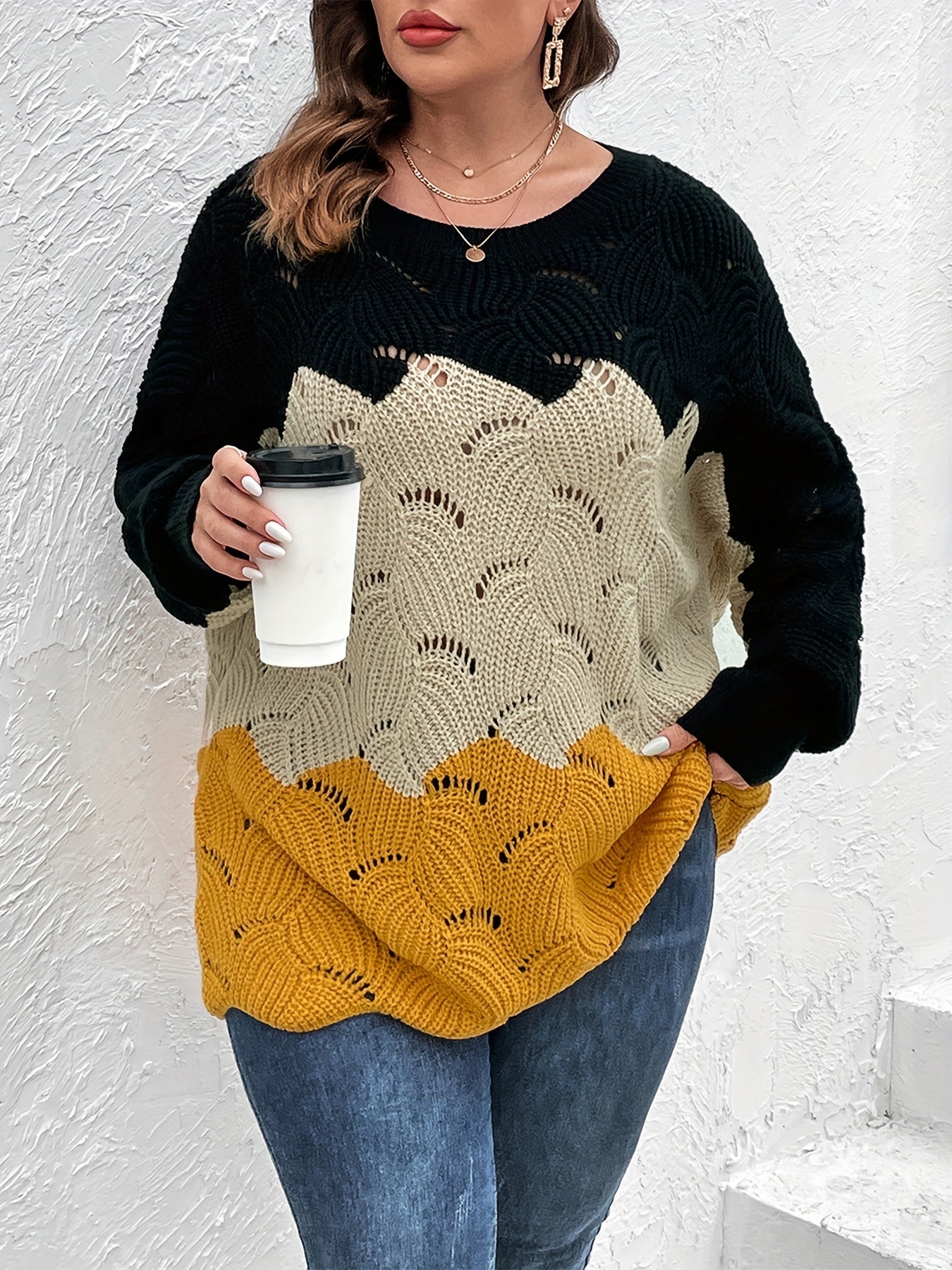 gbolsos Plus Size Colorblock Eyelet Embroidered Boat Collar Sweater, Women's Plus Slight Stretch Casual Sweater
