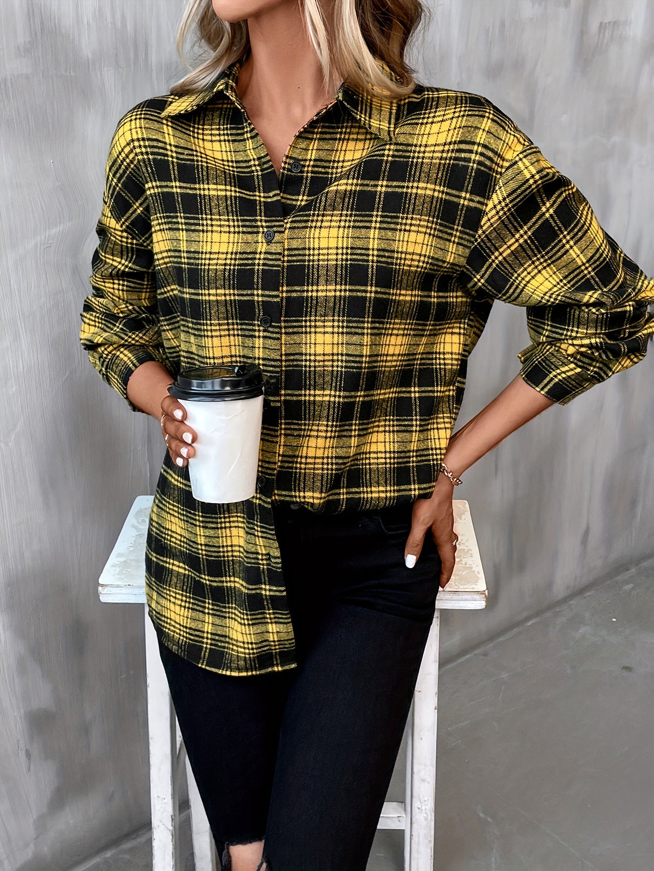 gbolsos Plaid Print Shirt, Casual Button Front Long Sleeve Classic Shirt, Women's Clothing