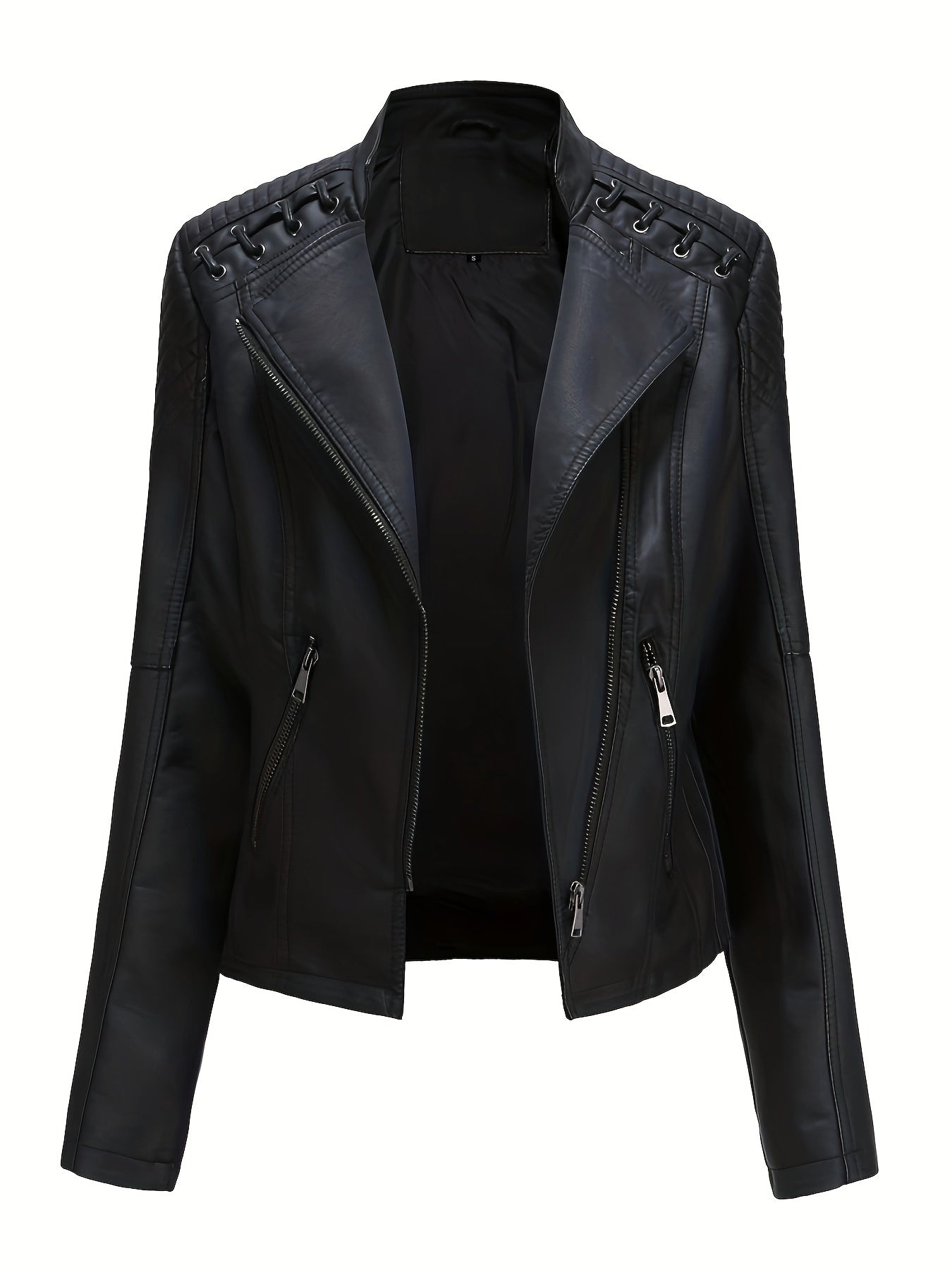 gbolsos Zipper Faux Leather Jacket, Casual Solid Long Sleeve Outerwear, Women's Clothing