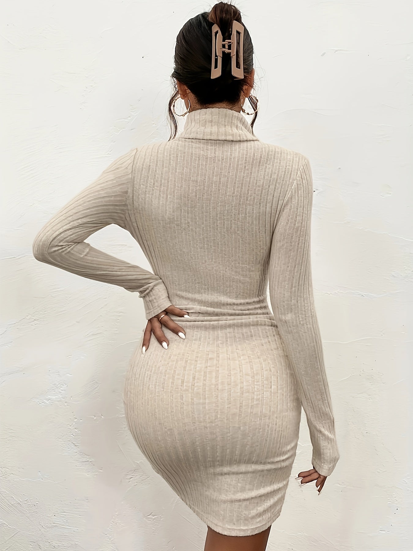 gbolsos Turtleneck Bodycon Dress, Elegant Solid Long Sleeve Dress, Women's Clothing