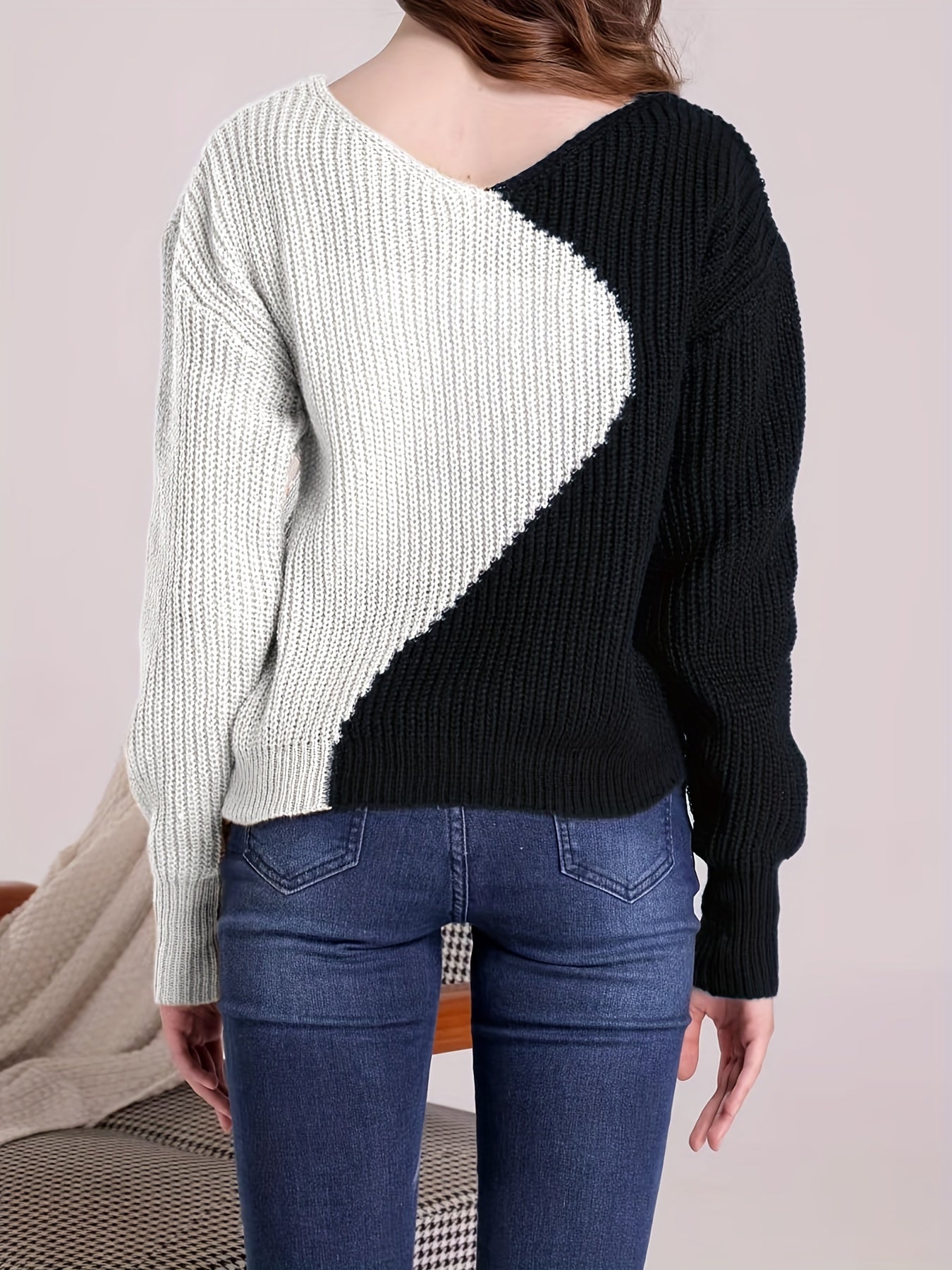 gbolsos Color Block Drop Shoulder Sweater, Casual V-neck Long Sleeve Sweater, Women's Clothing