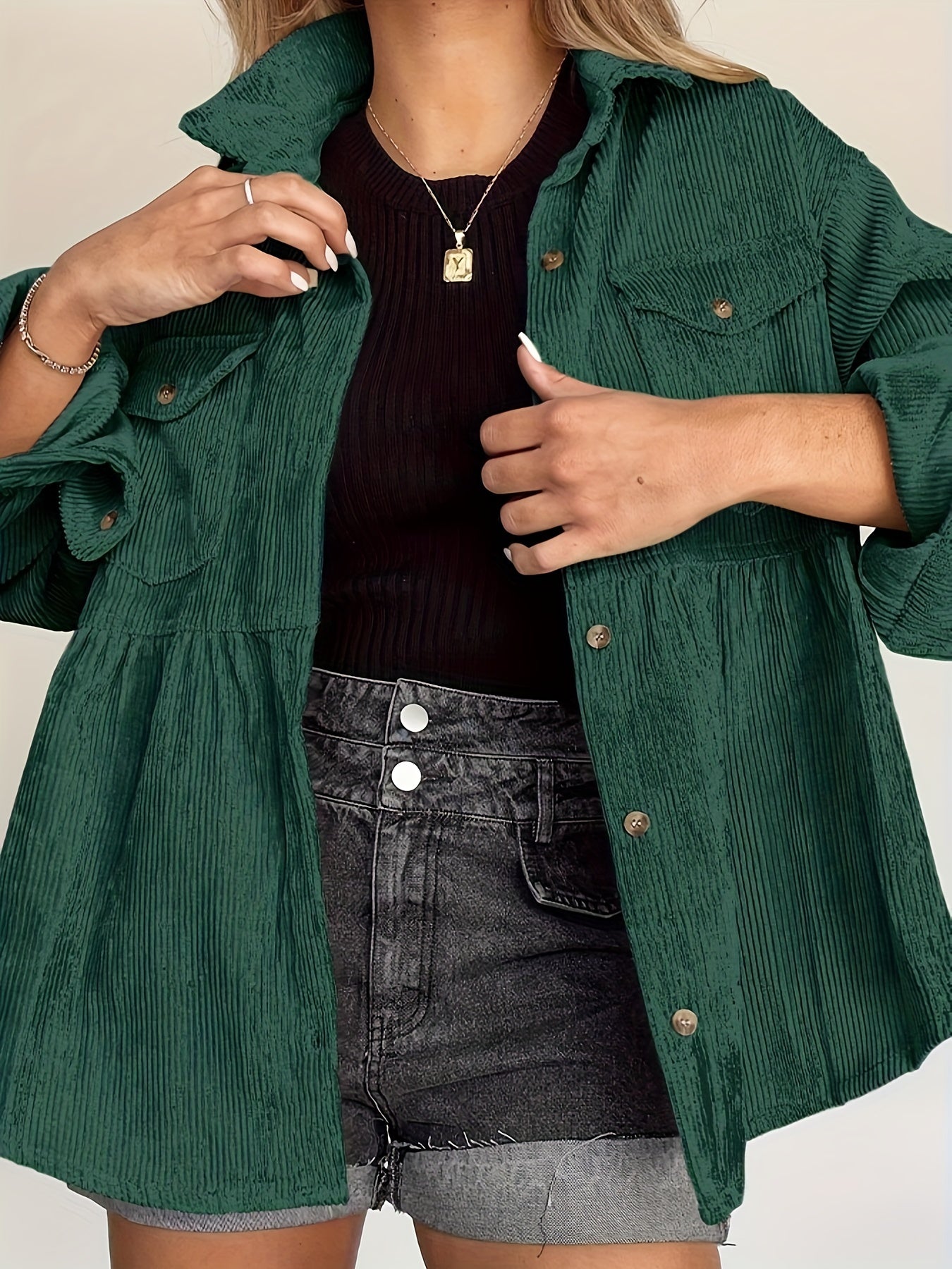gbolsos Corduroy Lapel Pocket Jacket, Casual Long Sleeve Button Down Fashion Single Breasted Loose Fall Winter Outerwear, Women's Clothing